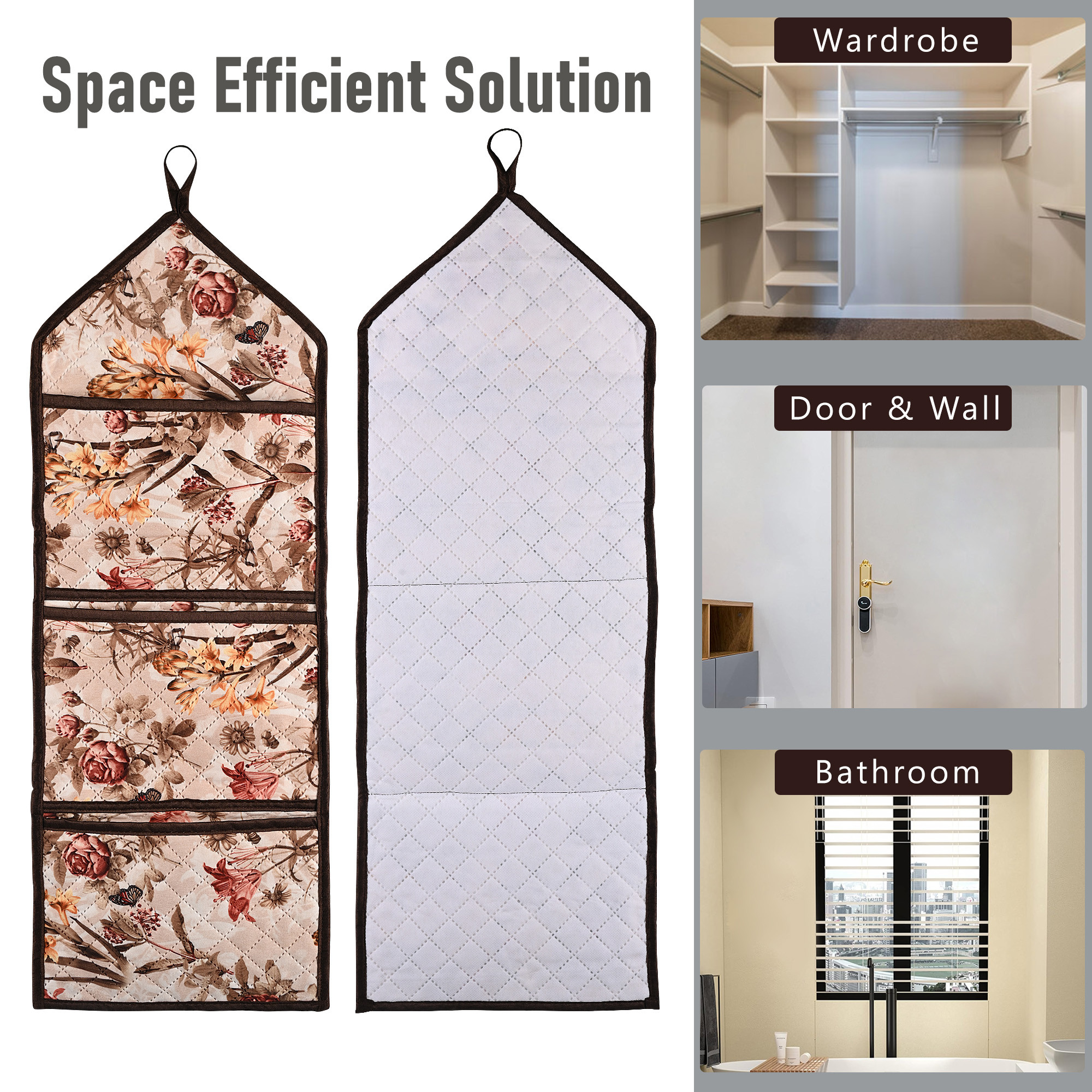 Kuber Industries Wall Hanging Organizer  Quilted Fabric Stationary Organizer  Waterproof 3 Multi-Purpose Pocket  Magazine Organizer  Foldable Document Holder  Brown Flower  Cream