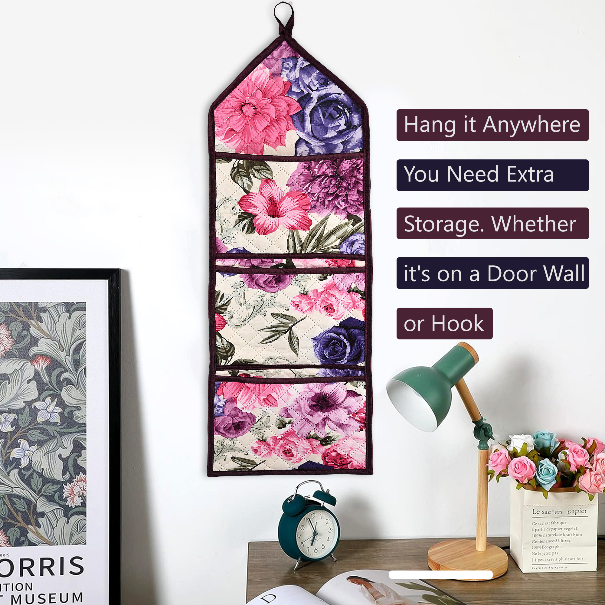 Kuber Industries Wall Hanging Organizer  Waterproof 3 Multi-Purpose Pocket  Quilted Fabric Stationary Organizer  Magazine Organizer  Foldable Document Holder  Pink Flower  Cream