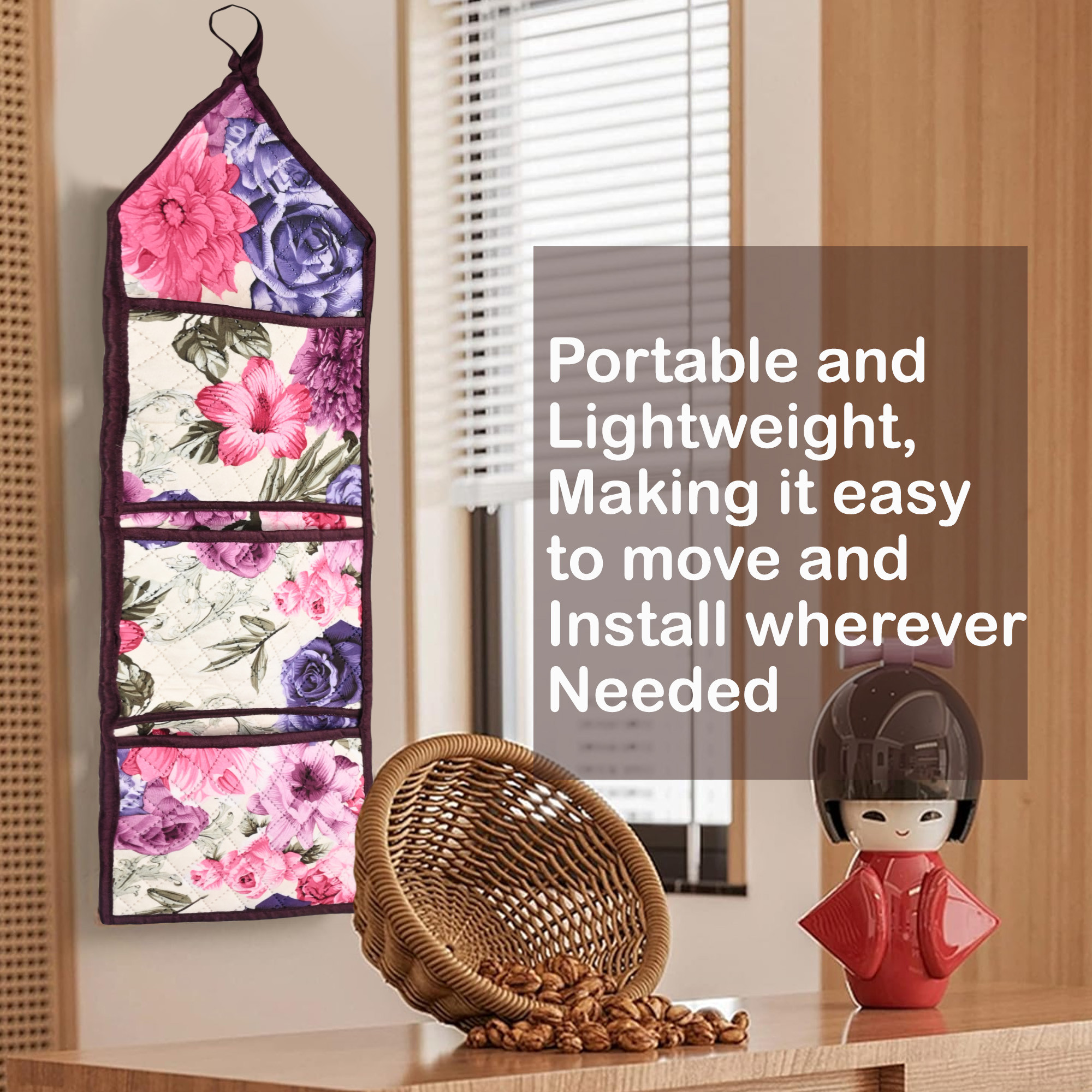 Kuber Industries Wall Hanging Organizer  Waterproof 3 Multi-Purpose Pocket  Quilted Fabric Stationary Organizer  Magazine Organizer  Foldable Document Holder  Pink Flower  Cream