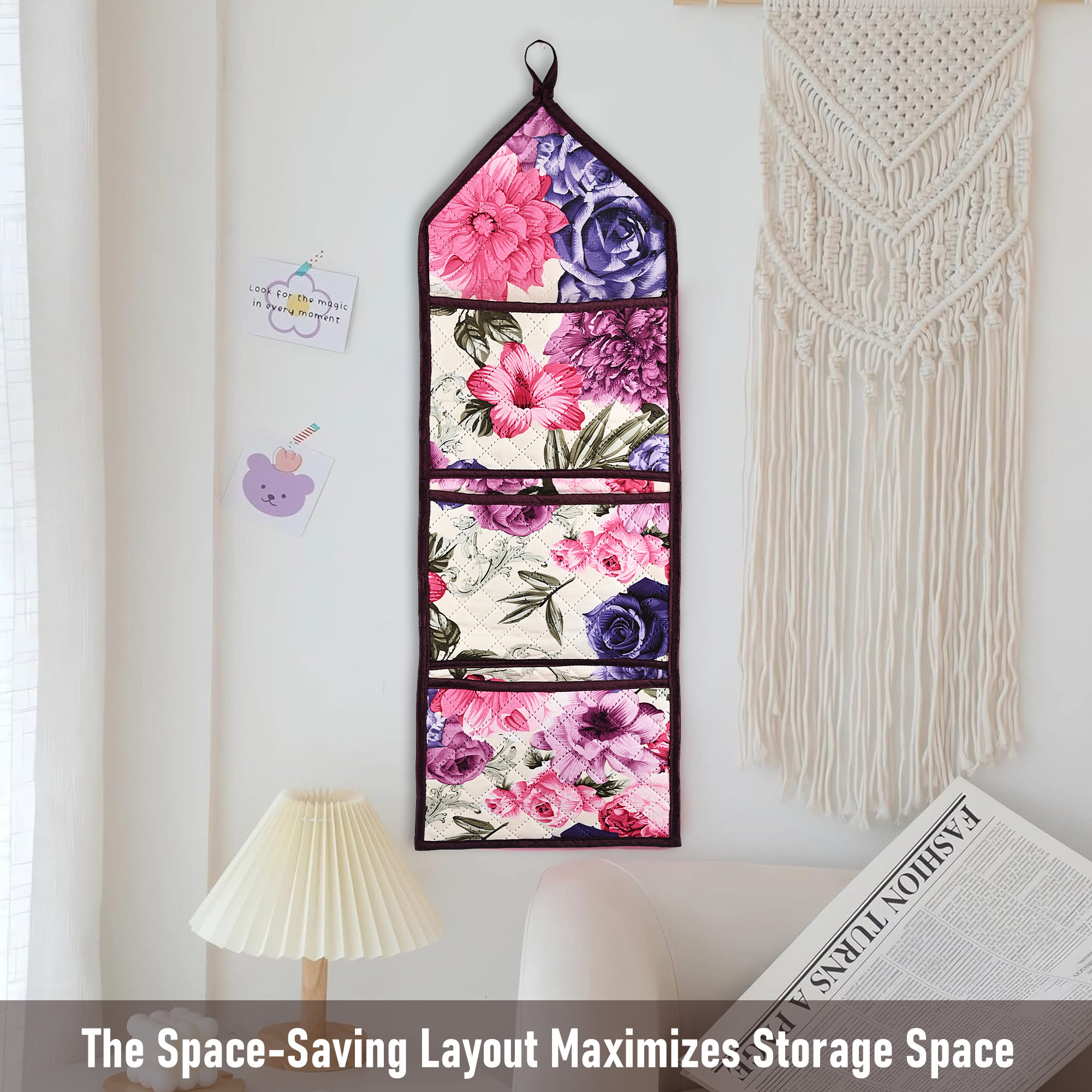 Kuber Industries Wall Hanging Organizer  Waterproof 3 Multi-Purpose Pocket  Quilted Fabric Stationary Organizer  Magazine Organizer  Foldable Document Holder  Pink Flower  Cream