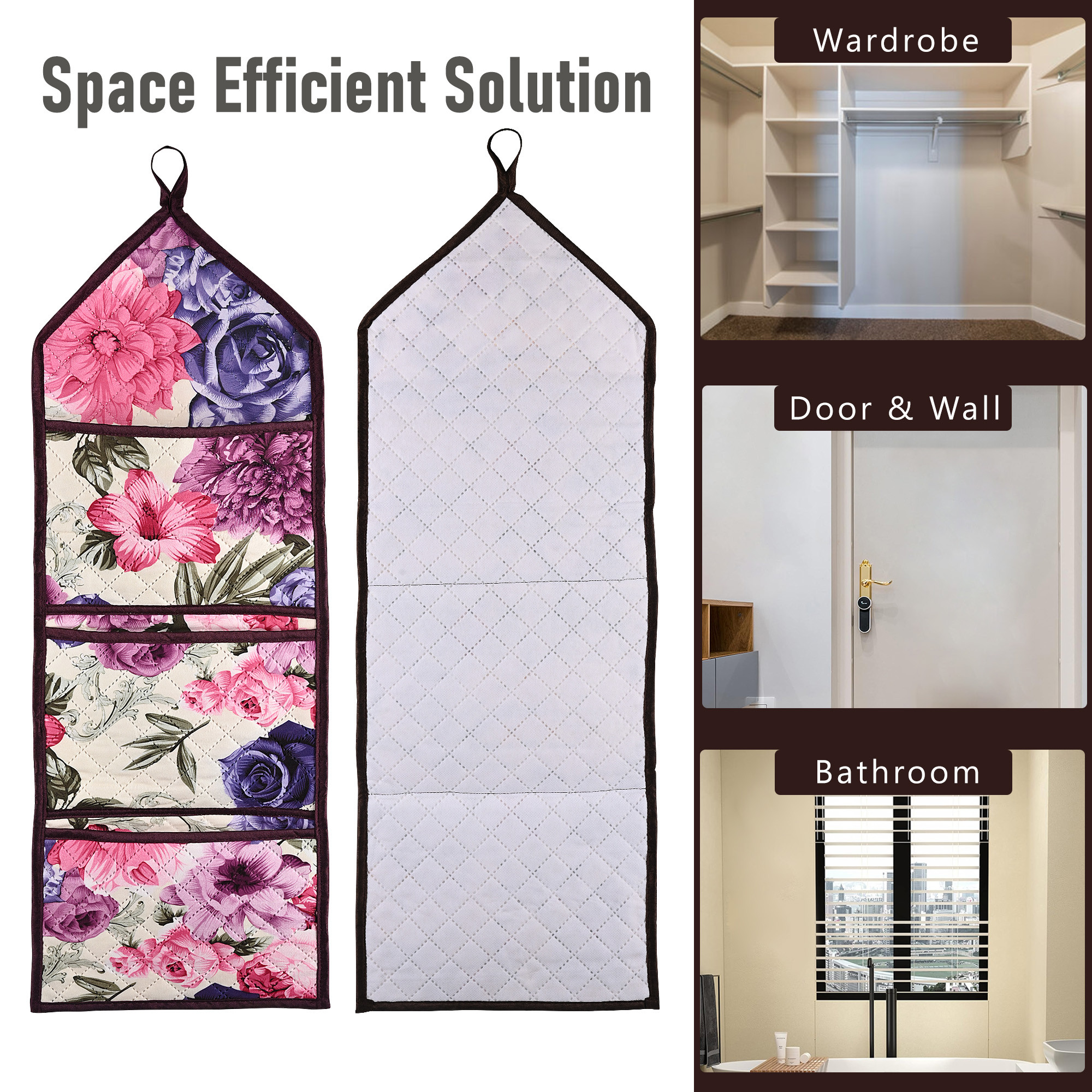 Kuber Industries Wall Hanging Organizer  Waterproof 3 Multi-Purpose Pocket  Quilted Fabric Stationary Organizer  Magazine Organizer  Foldable Document Holder  Pink Flower  Cream