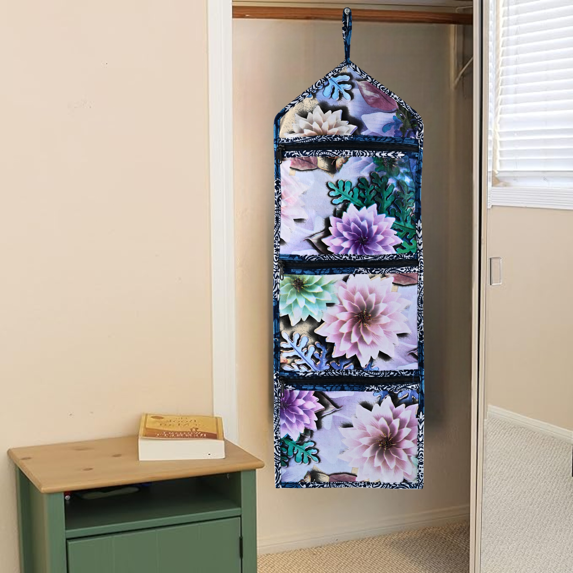 Kuber Industries Wall Hanging Organizer for Wardrobe with 3 Pockets  Zip  Letter Holder Socks  Tie Storage Pouches  Printed - Blue
