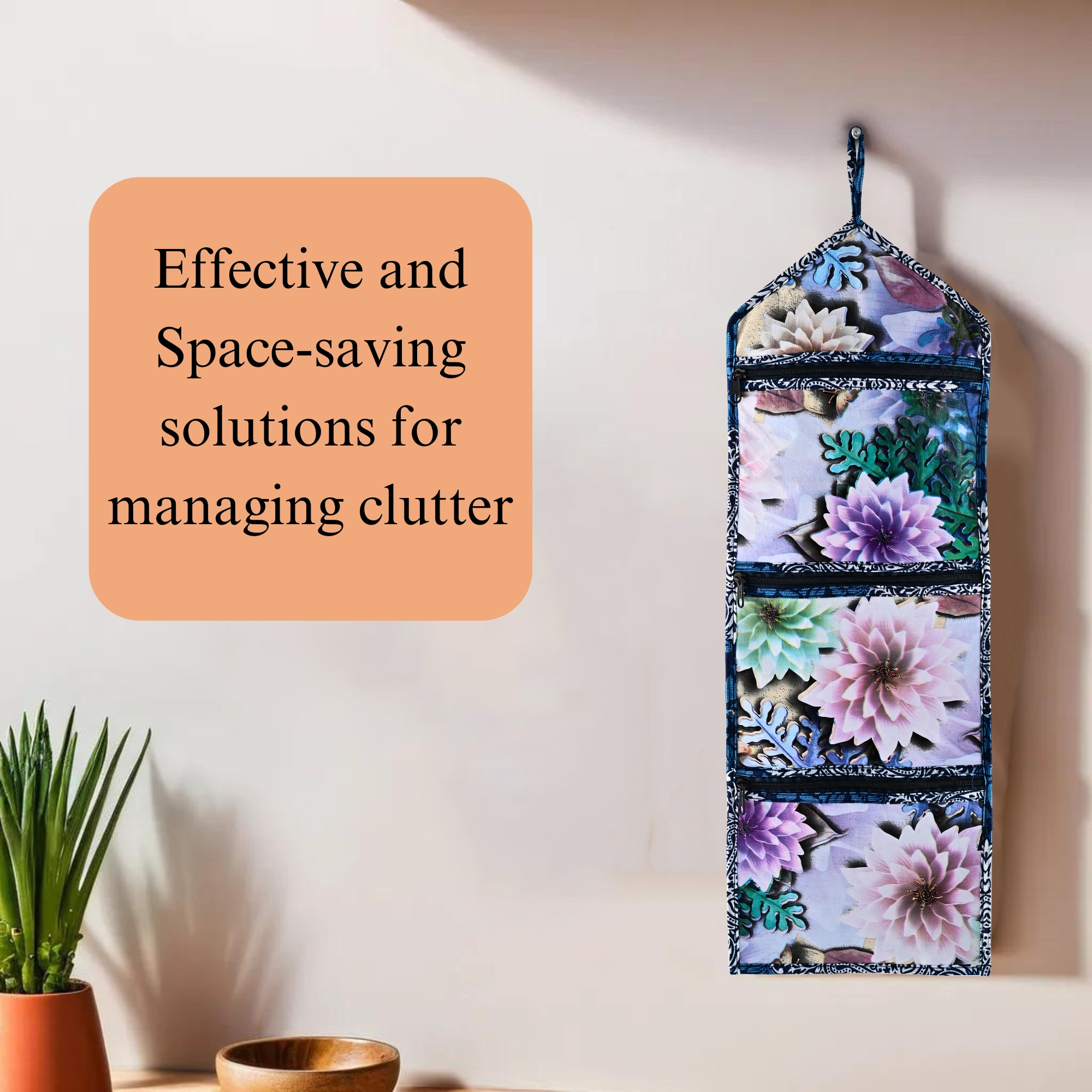 Kuber Industries Wall Hanging Organizer for Wardrobe with 3 Pockets  Zip  Letter Holder Socks  Tie Storage Pouches  Printed - Blue
