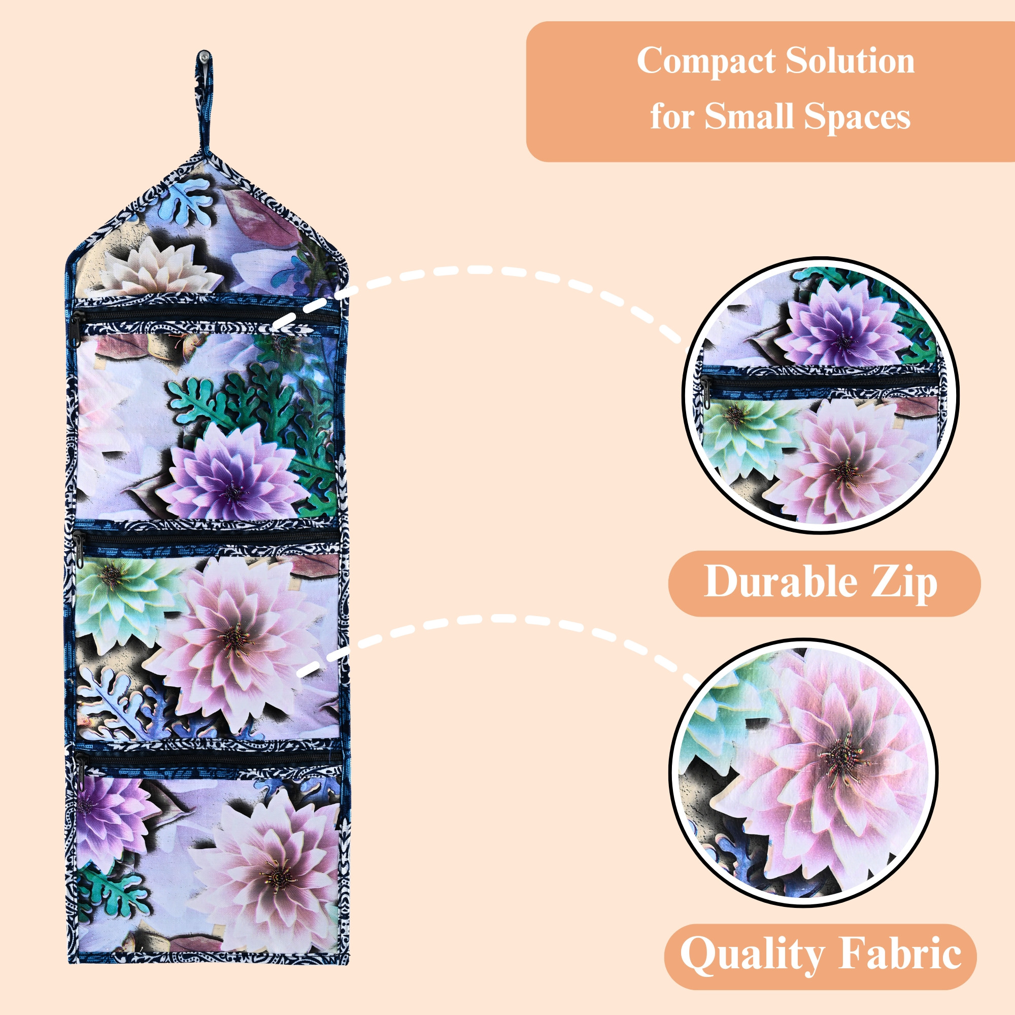 Kuber Industries Wall Hanging Organizer for Wardrobe with 3 Pockets  Zip  Letter Holder Socks  Tie Storage Pouches  Printed - Blue