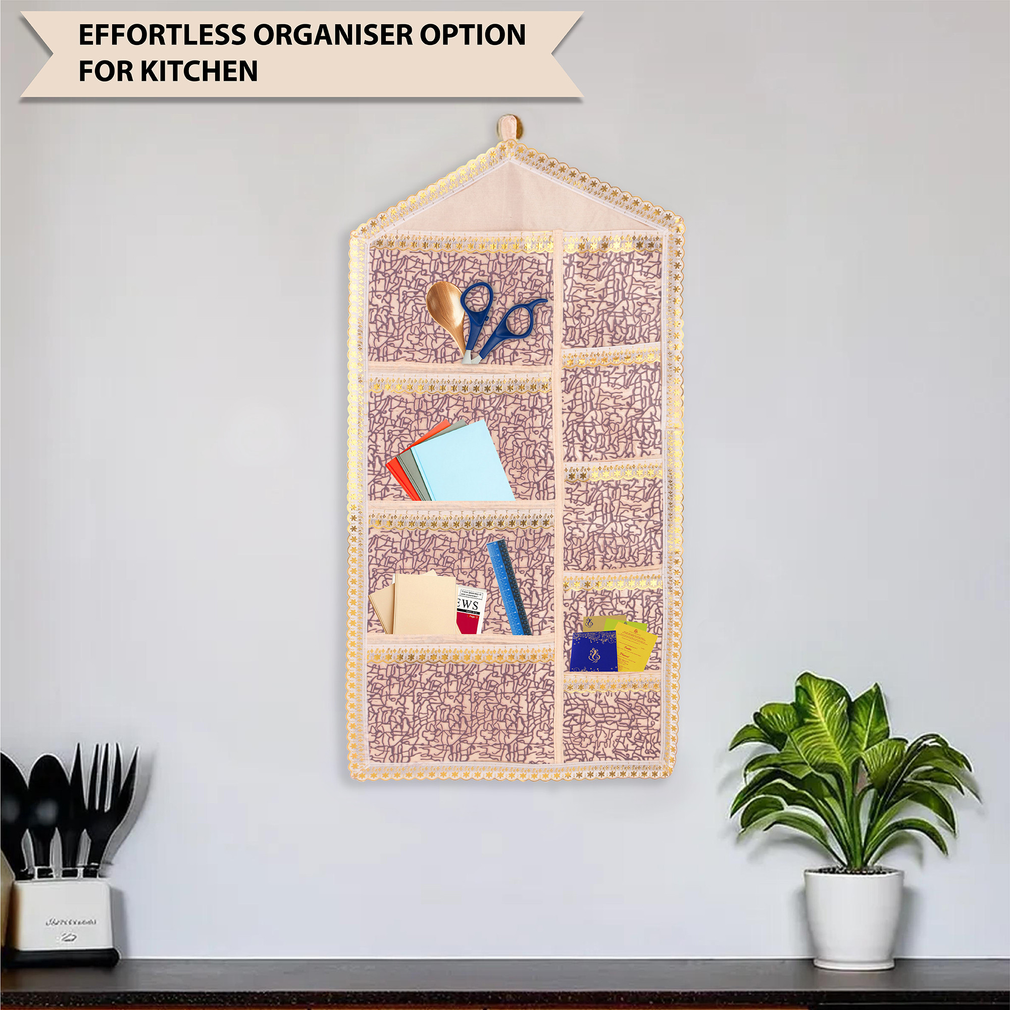 Kuber Industries Wall Hanging Organizer with 9 Pockets  Multi-Purpose Magazine Newspaper  Letter Holder  Ideal for Hostel Essentials  Office Documents  Golden Shining PWG - Purple