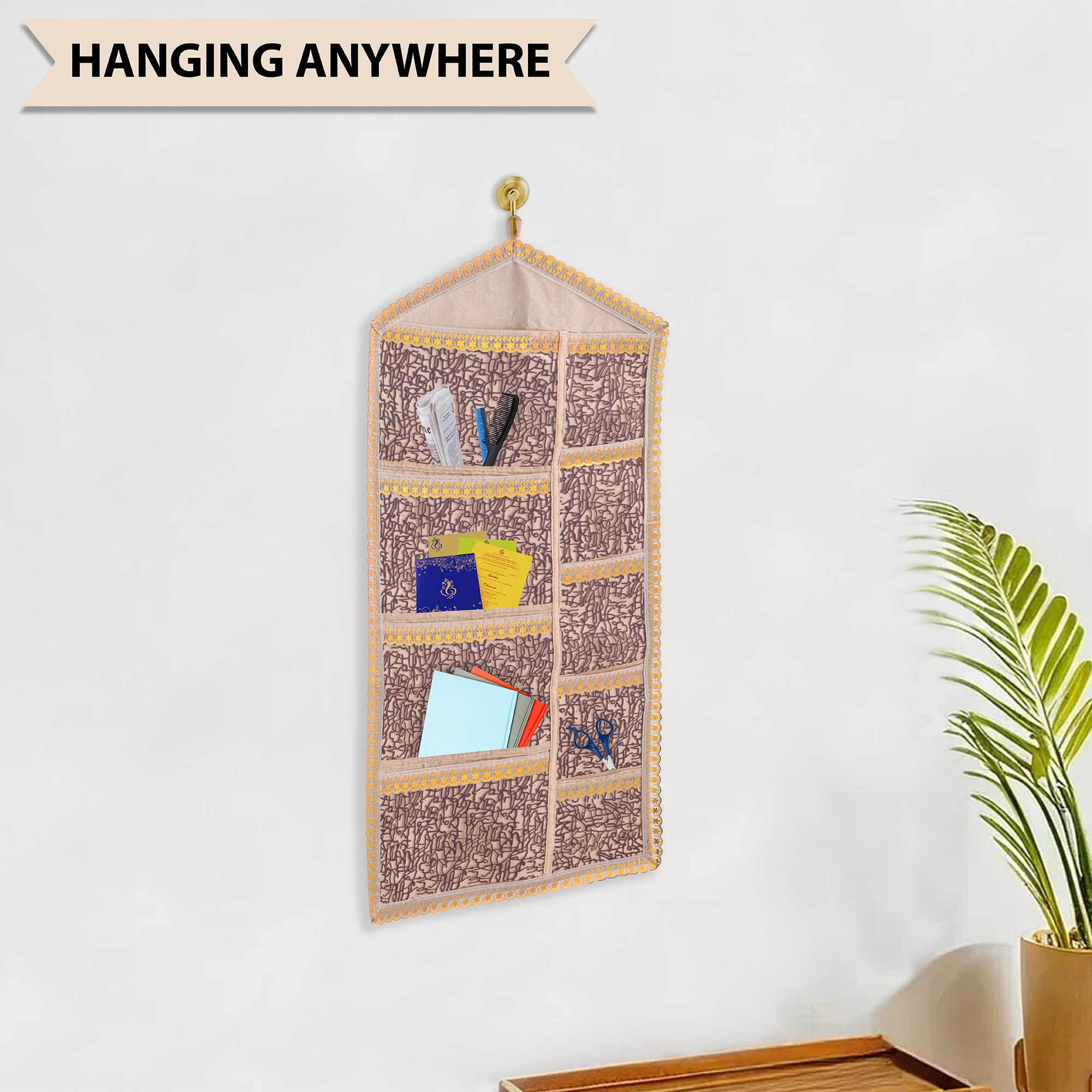 Kuber Industries Wall Hanging Organizer with 9 Pockets  Multi-Purpose Magazine Newspaper  Letter Holder  Ideal for Hostel Essentials  Office Documents  Golden Shining PWG - Purple