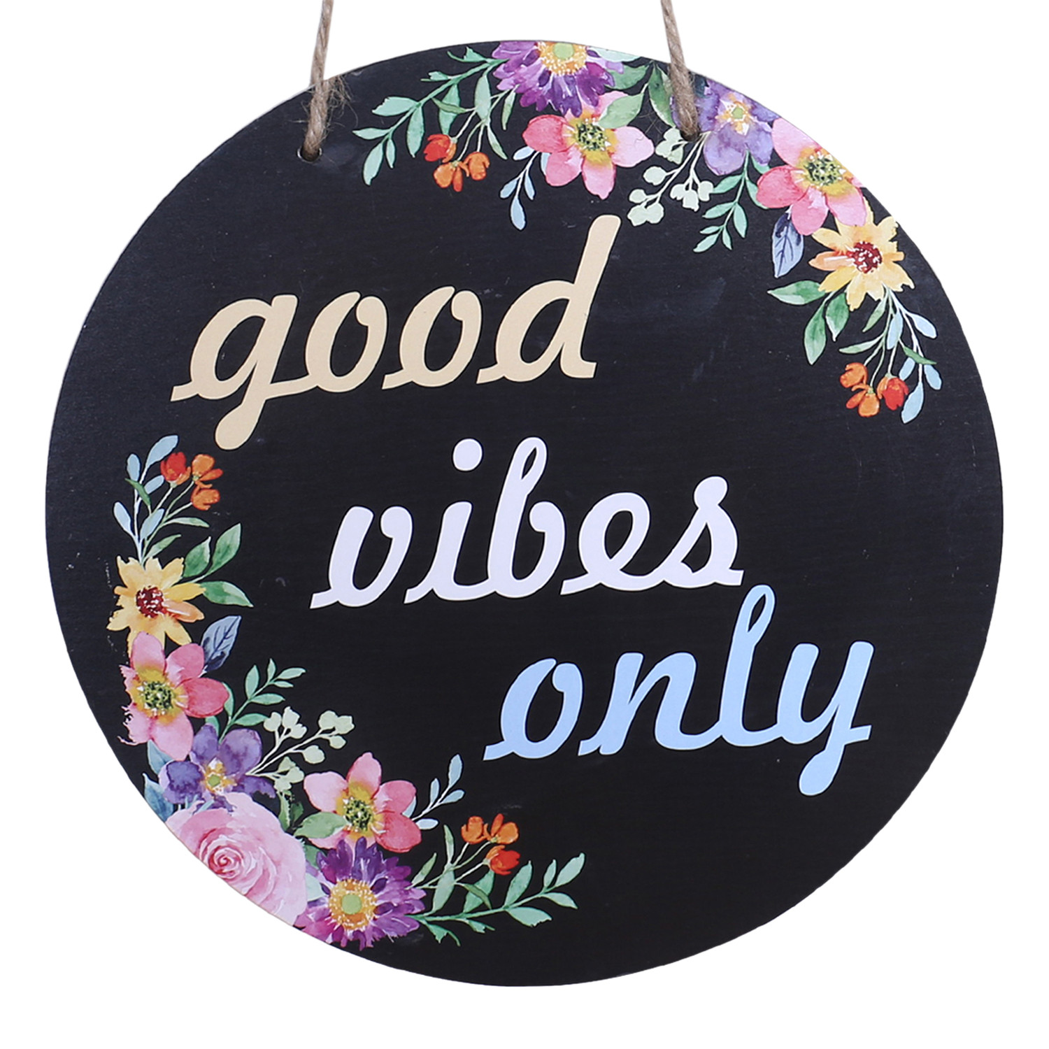 Kuber Industries Wall Hanging Quotes|Mdf Wooden Round Shaped Floral Print Plates For Kids Bedroom,Hall Entrance,Office (Black)