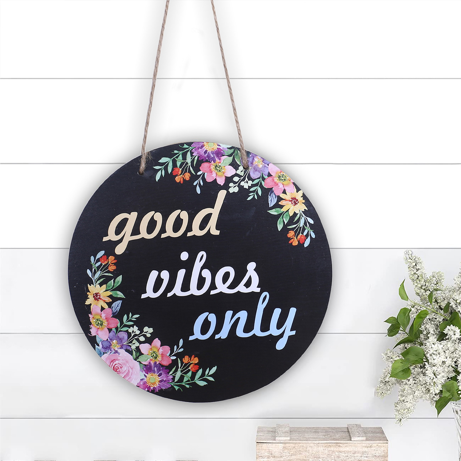 Kuber Industries Wall Hanging Quotes|Mdf Wooden Round Shaped Floral Print Plates For Kids Bedroom,Hall Entrance,Office (Black)