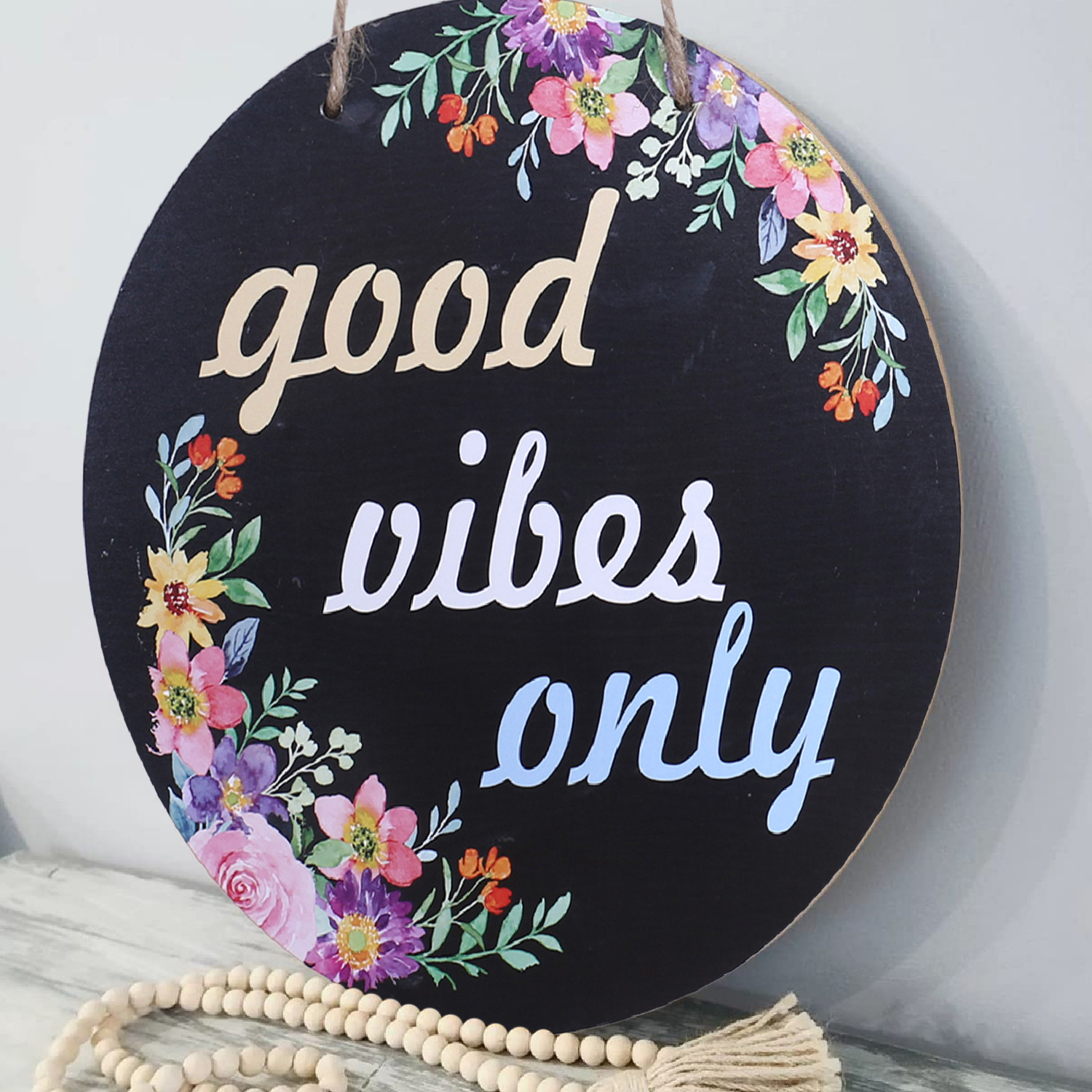 Kuber Industries Wall Hanging Quotes|Mdf Wooden Round Shaped Floral Print Plates For Kids Bedroom,Hall Entrance,Office (Black)