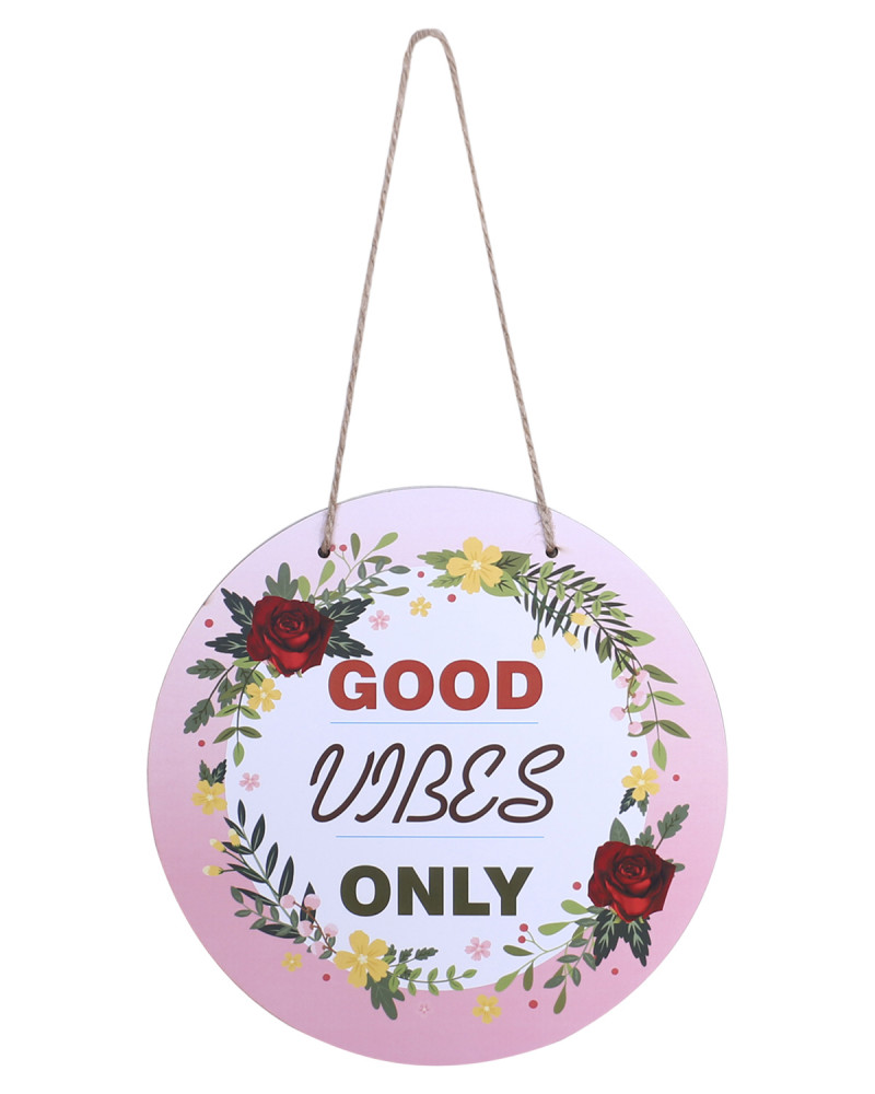 Kuber Industries Wall Hanging Quotes|Mdf Wooden Round Shaped&quot;Good Vibes Only&quot;Plates For Kids Bedroom,Hall Entrance,Office (Pink)