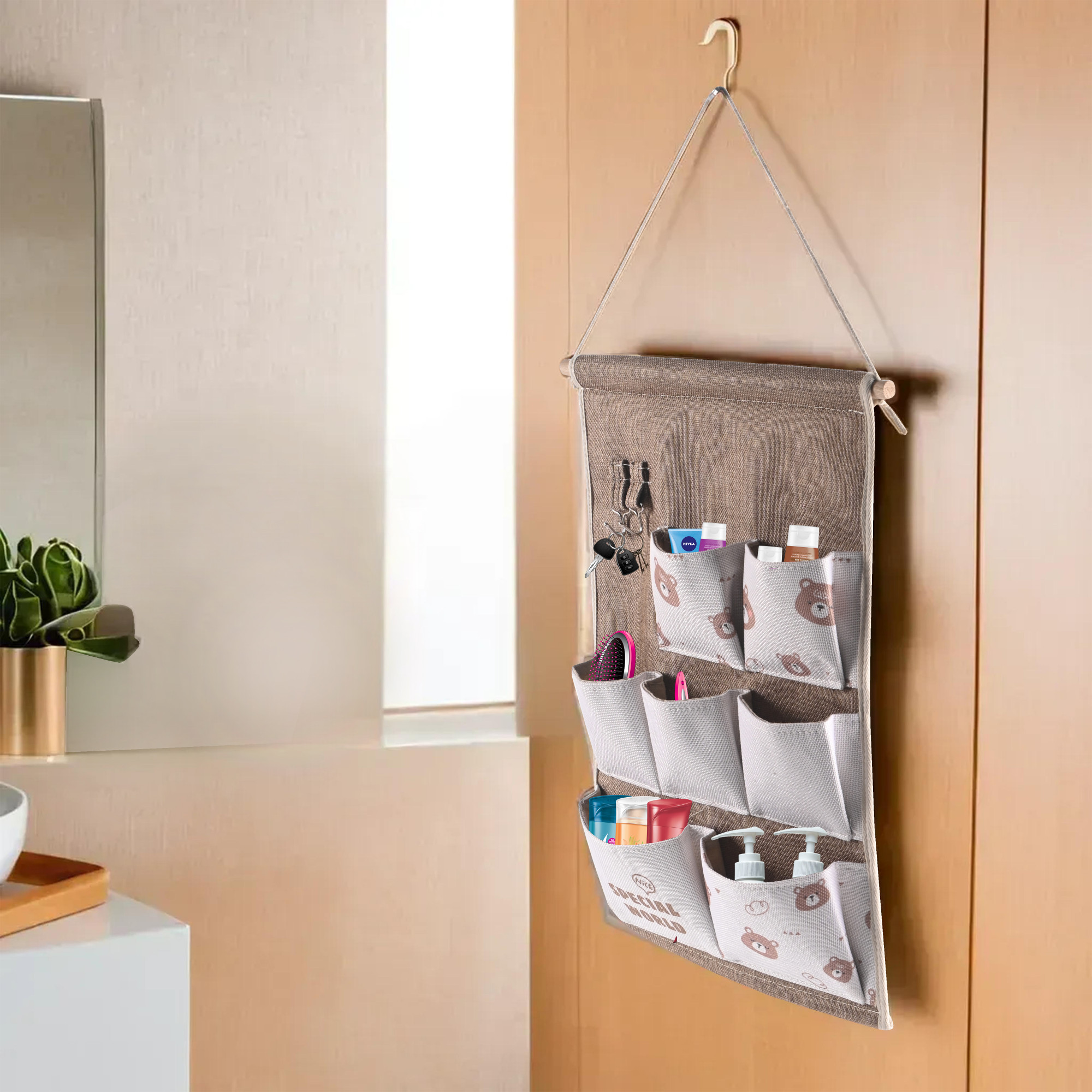 Kuber Industries Wall Mount Hanging Bag with 7 Pockets 2 Hooks  Hanger Rob  Multi-Purpose Wall Hanging Organiser for Home  Wall Door Storage Bag  GM-33  Bear Print - Brown  White