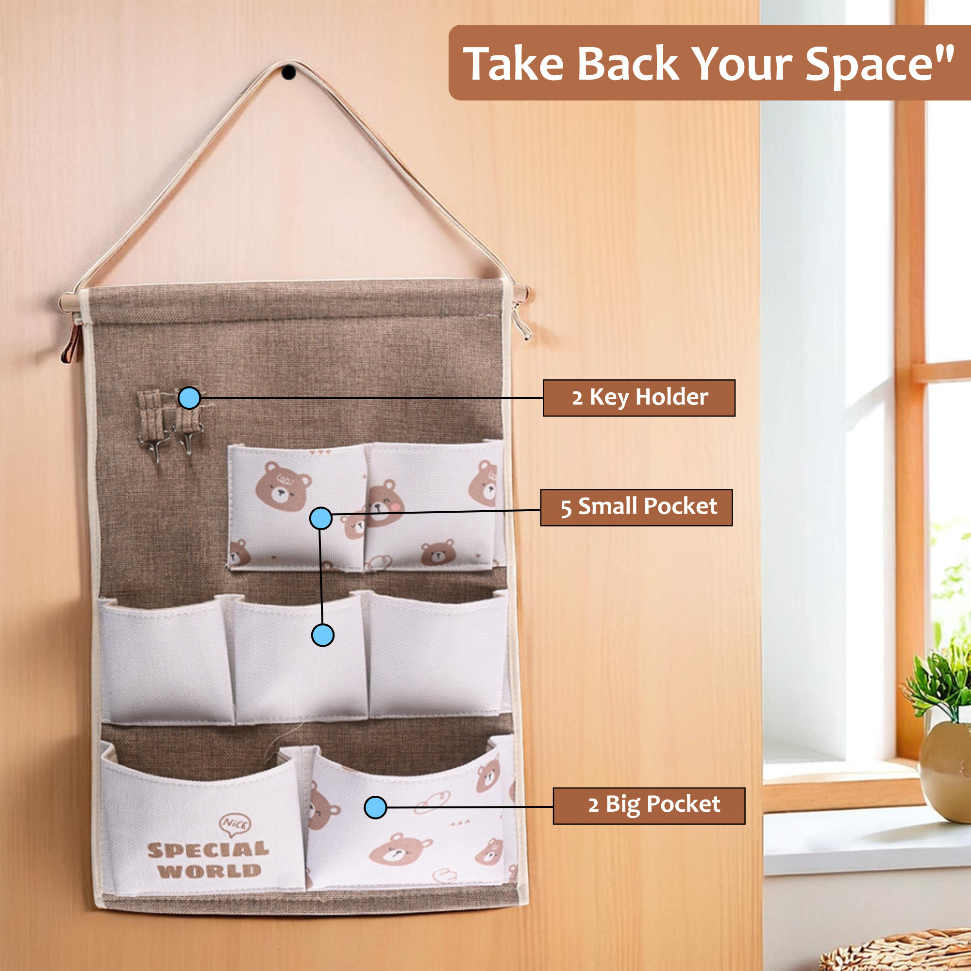 Kuber Industries Wall Mount Hanging Bag with 7 Pockets 2 Hooks  Hanger Rob  Multi-Purpose Wall Hanging Organiser for Home  Wall Door Storage Bag  GM-33  Bear Print - Brown  White