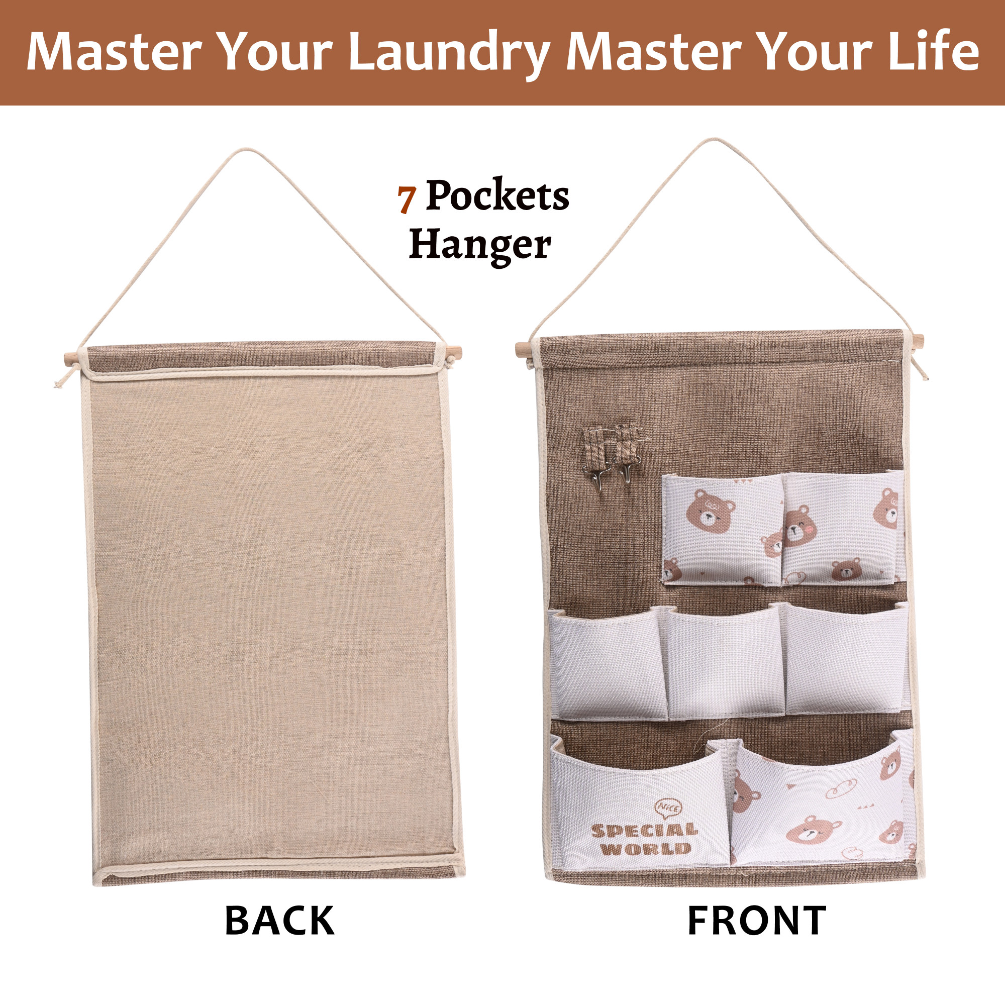 Kuber Industries Wall Mount Hanging Bag with 7 Pockets 2 Hooks  Hanger Rob  Multi-Purpose Wall Hanging Organiser for Home  Wall Door Storage Bag  GM-33  Bear Print - Brown  White
