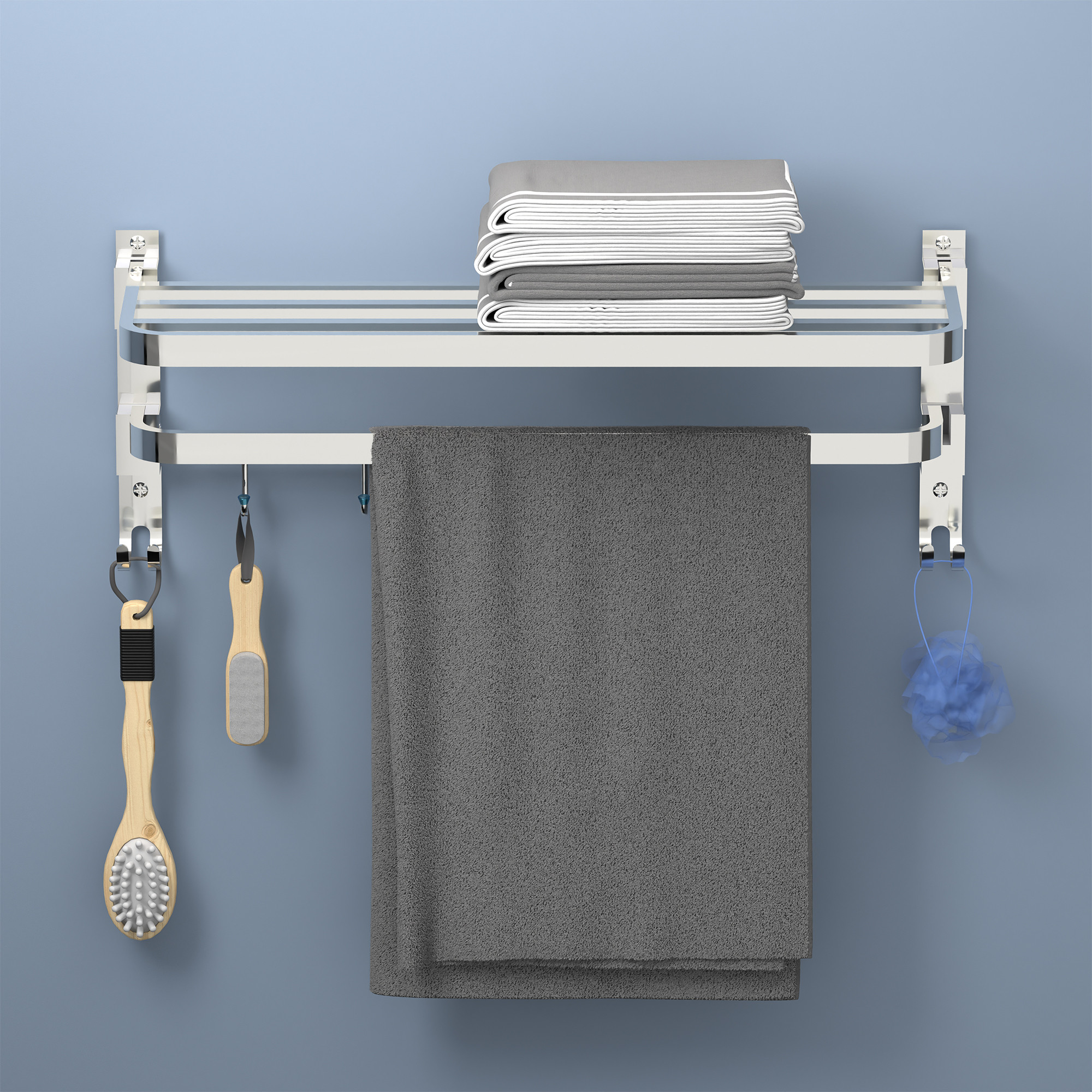 Kuber Industries Wall Mounted Foldable Bathroom Towel Holder with 4 Fixed Dual Hooks  Stylish Stainless Steel Towel HangerRack - Bathroom Accessories  Fittings  Chrome Finish - Silver