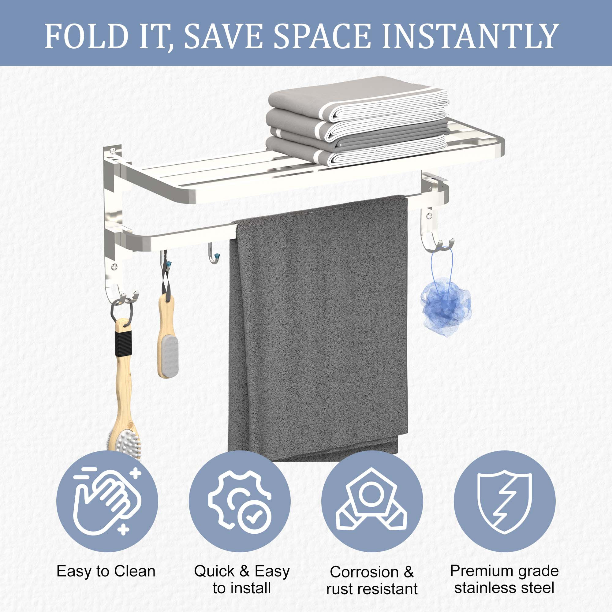 Kuber Industries Wall Mounted Foldable Bathroom Towel Holder with 4 Fixed Dual Hooks  Stylish Stainless Steel Towel HangerRack - Bathroom Accessories  Fittings  Chrome Finish - Silver