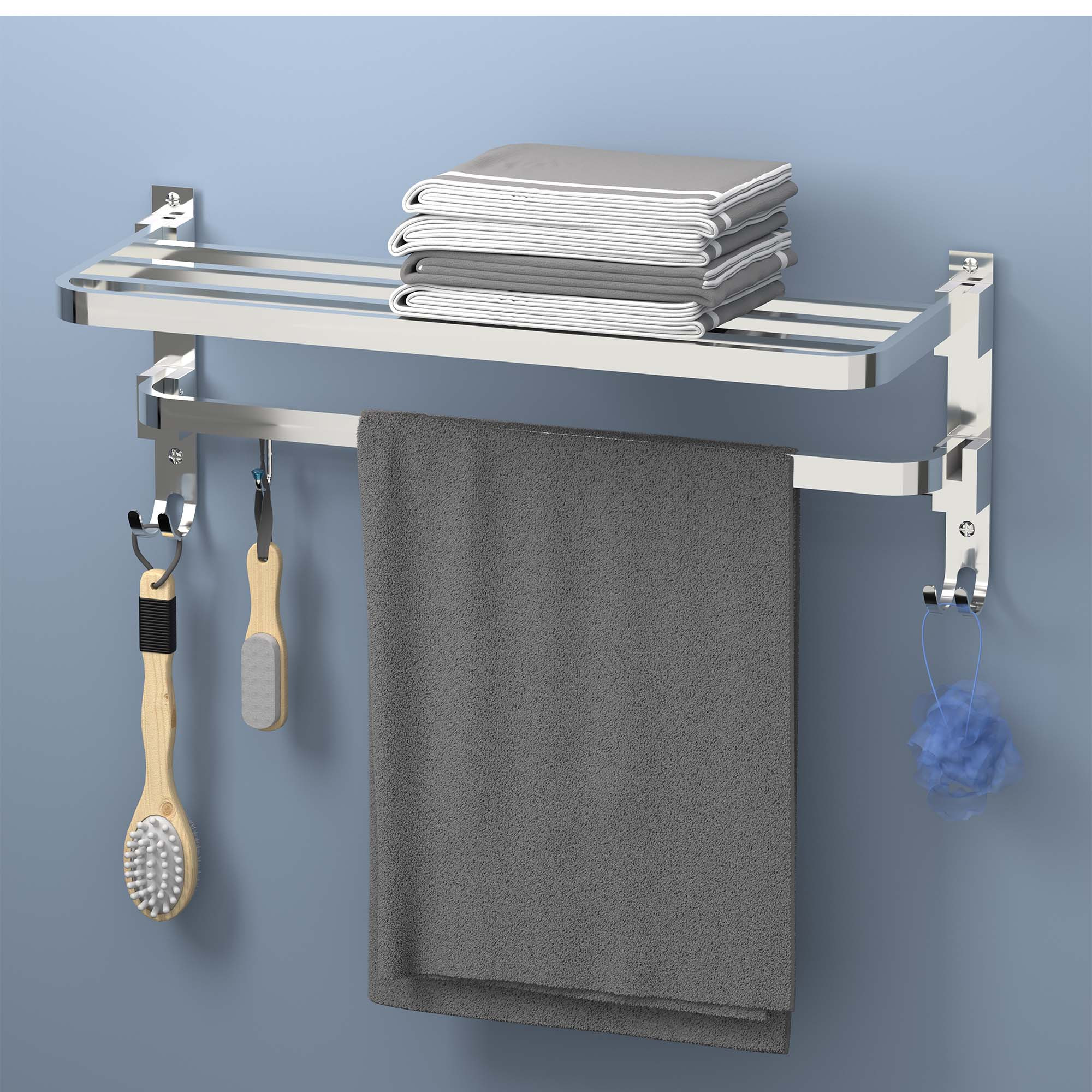 Kuber Industries Wall Mounted Foldable Bathroom Towel Holder with 4 Fixed Dual Hooks  Stylish Stainless Steel Towel HangerRack - Bathroom Accessories  Fittings  Chrome Finish - Silver