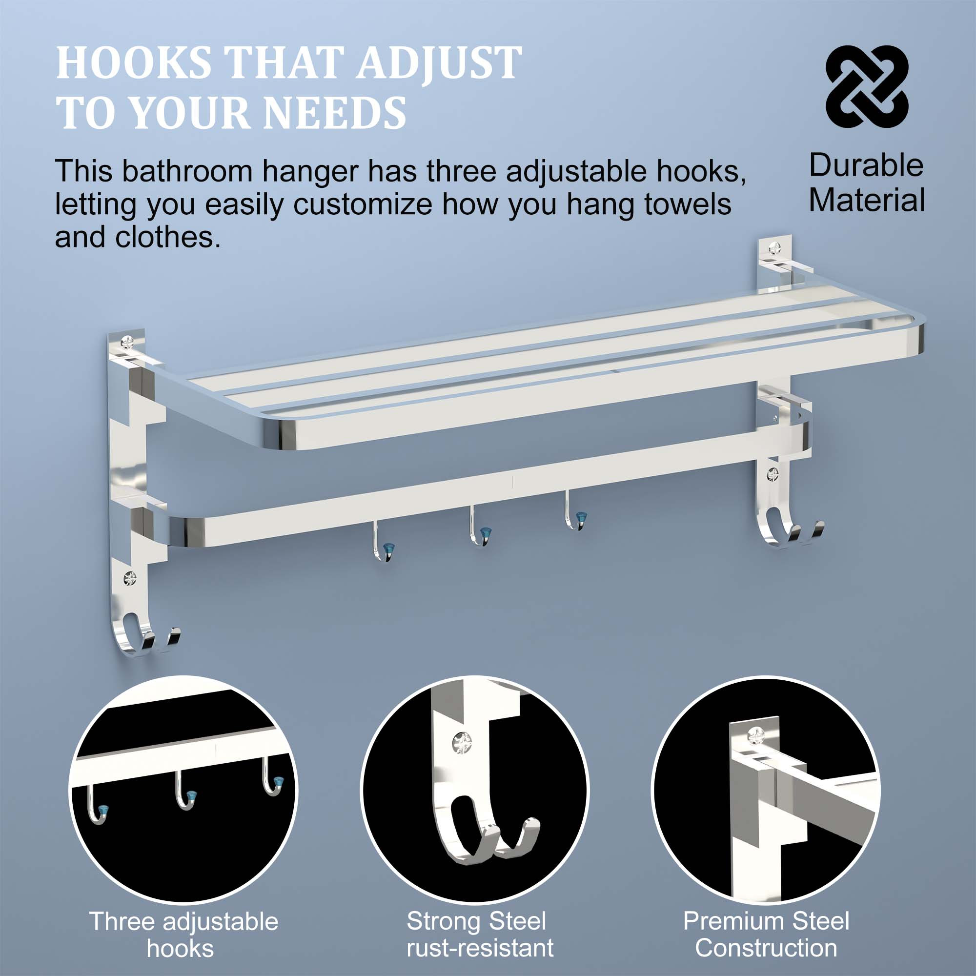 Kuber Industries Wall Mounted Foldable Bathroom Towel Holder with 4 Fixed Dual Hooks  Stylish Stainless Steel Towel HangerRack - Bathroom Accessories  Fittings  Chrome Finish - Silver