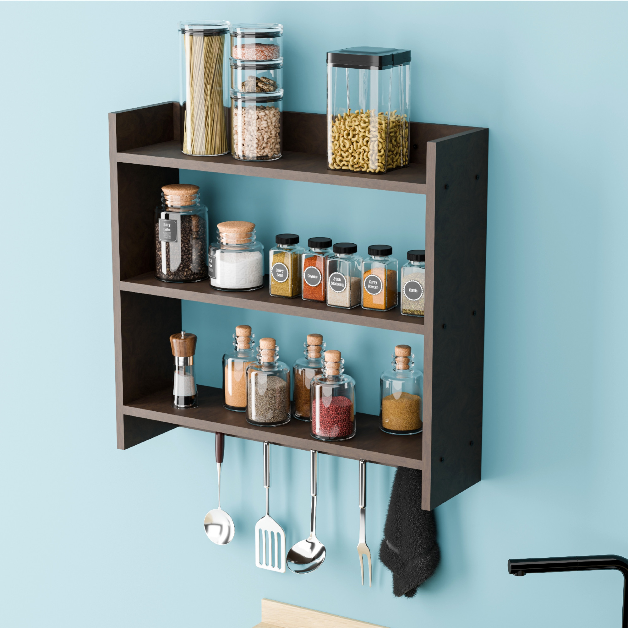 Kuber Industries Wall Mounted Kitchen Rack with Hooks  Space-Saving Wooden Storage Shelf for Jars Spices Oil Bottles  Crockery 3-Tier Organizer with Utensil Hooks  Brown