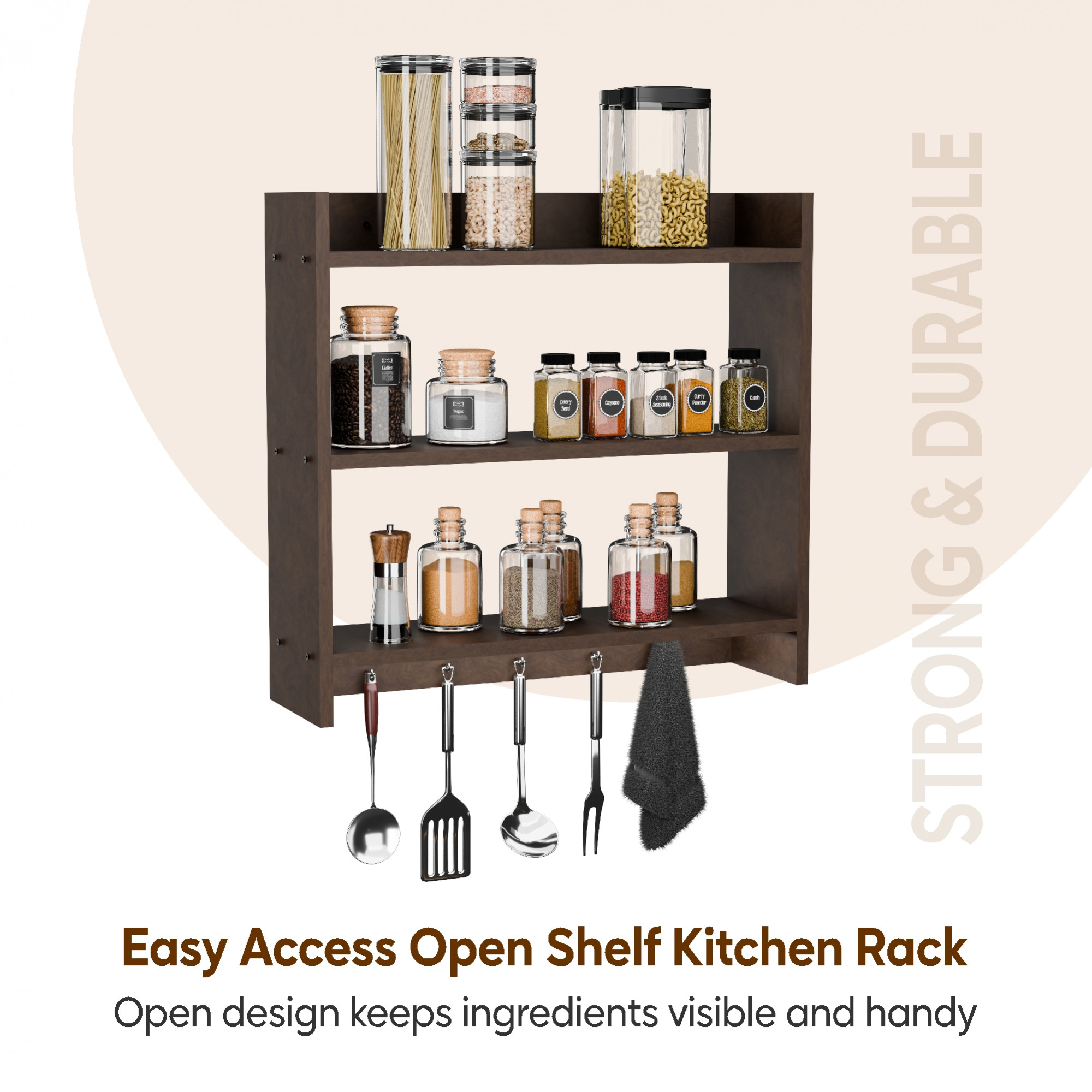 Kuber Industries Wall Mounted Kitchen Rack with Hooks  Space-Saving Wooden Storage Shelf for Jars Spices Oil Bottles  Crockery 3-Tier Organizer with Utensil Hooks  Brown