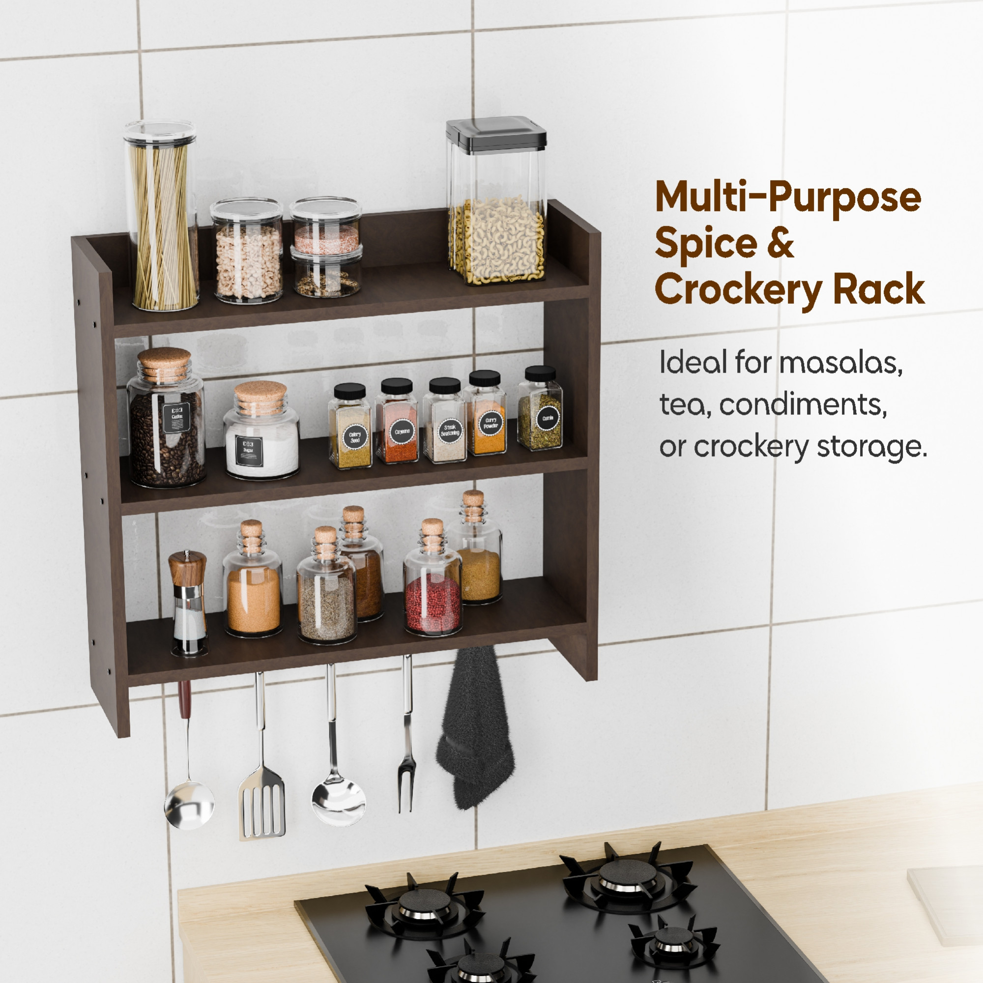 Kuber Industries Wall Mounted Kitchen Rack with Hooks  Space-Saving Wooden Storage Shelf for Jars Spices Oil Bottles  Crockery 3-Tier Organizer with Utensil Hooks  Brown