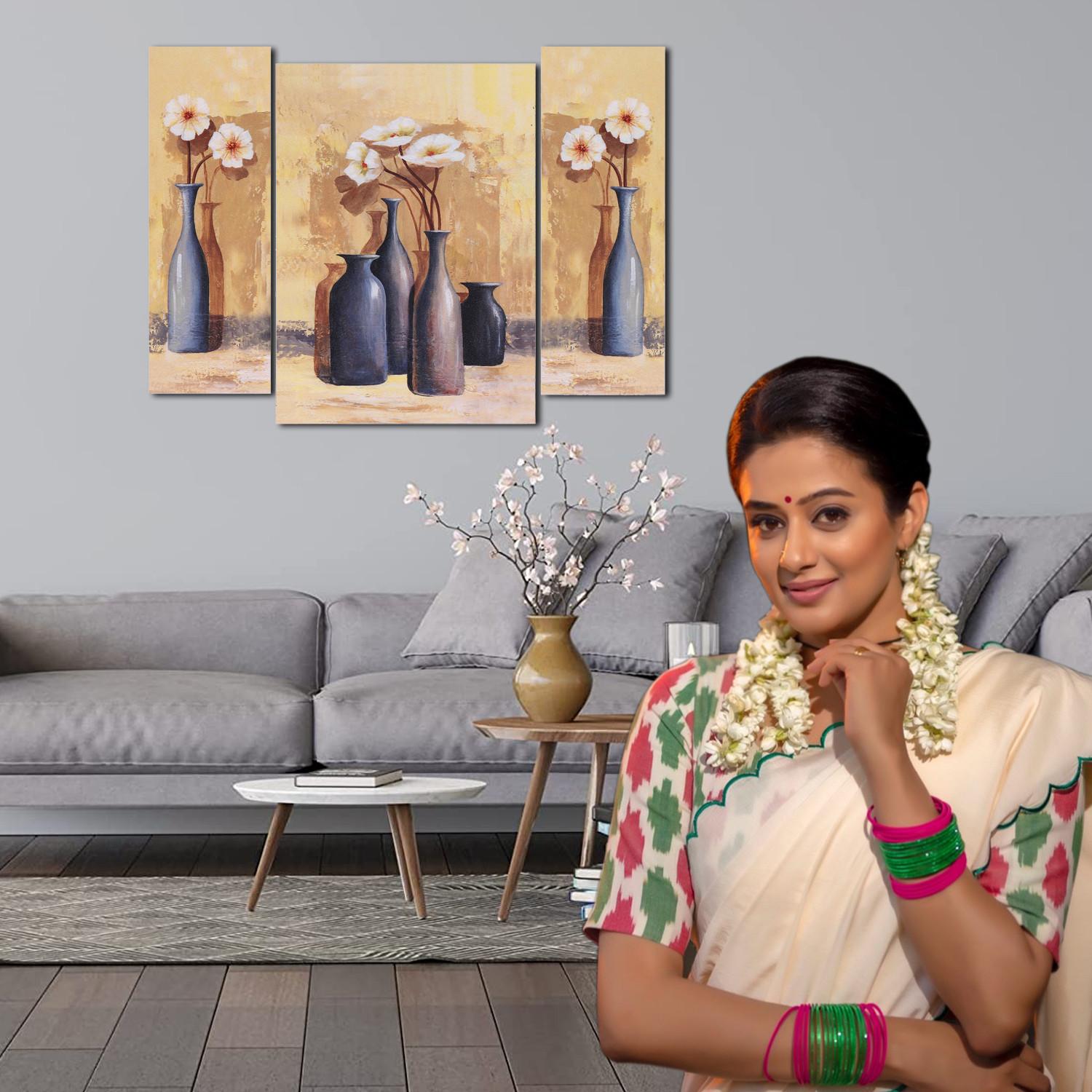 Kuber Industries Wall Paintings | MDF Wooden Wall Art for Living Room |Wall Sculpture | Bottle Vases Painting for Bedroom | Office | Hotels | Gift | 1218KIF1| Cream