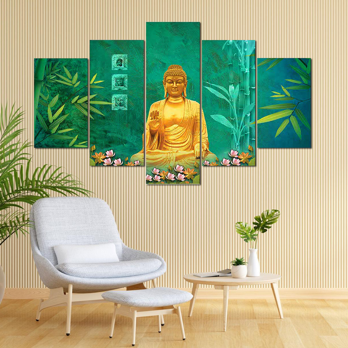 Kuber Industries Wall Paintings | MDF Wooden Wall Art for Living Room |Wall Sculpture | Lord Buddha Painting for Bedroom | Office | Hotels | Gift | 2450KIB2 |5 Piece Set| Green