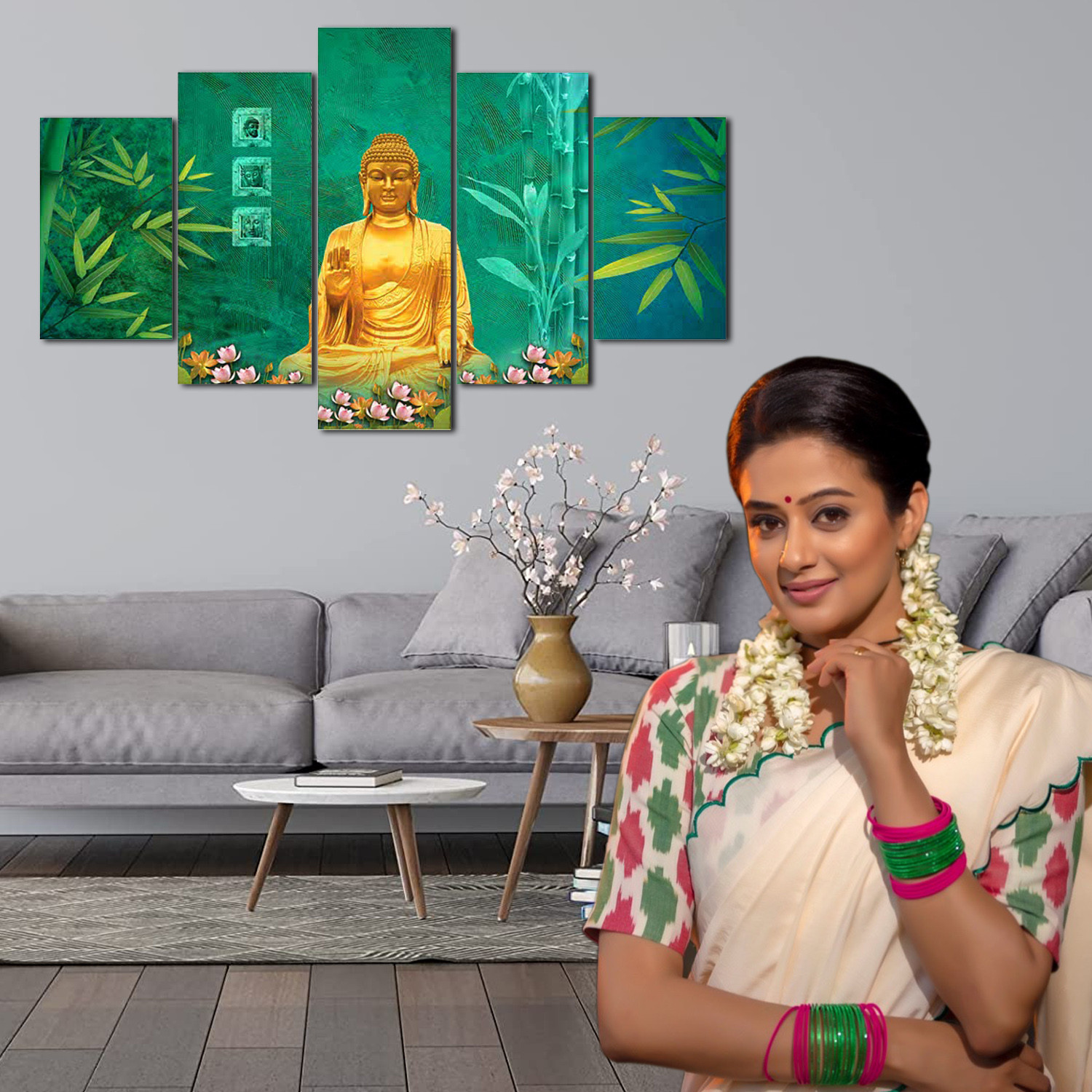 Kuber Industries Wall Paintings | MDF Wooden Wall Art for Living Room |Wall Sculpture | Lord Buddha Painting for Bedroom | Office | Hotels | Gift | 2450KIB2 |5 Piece Set| Green