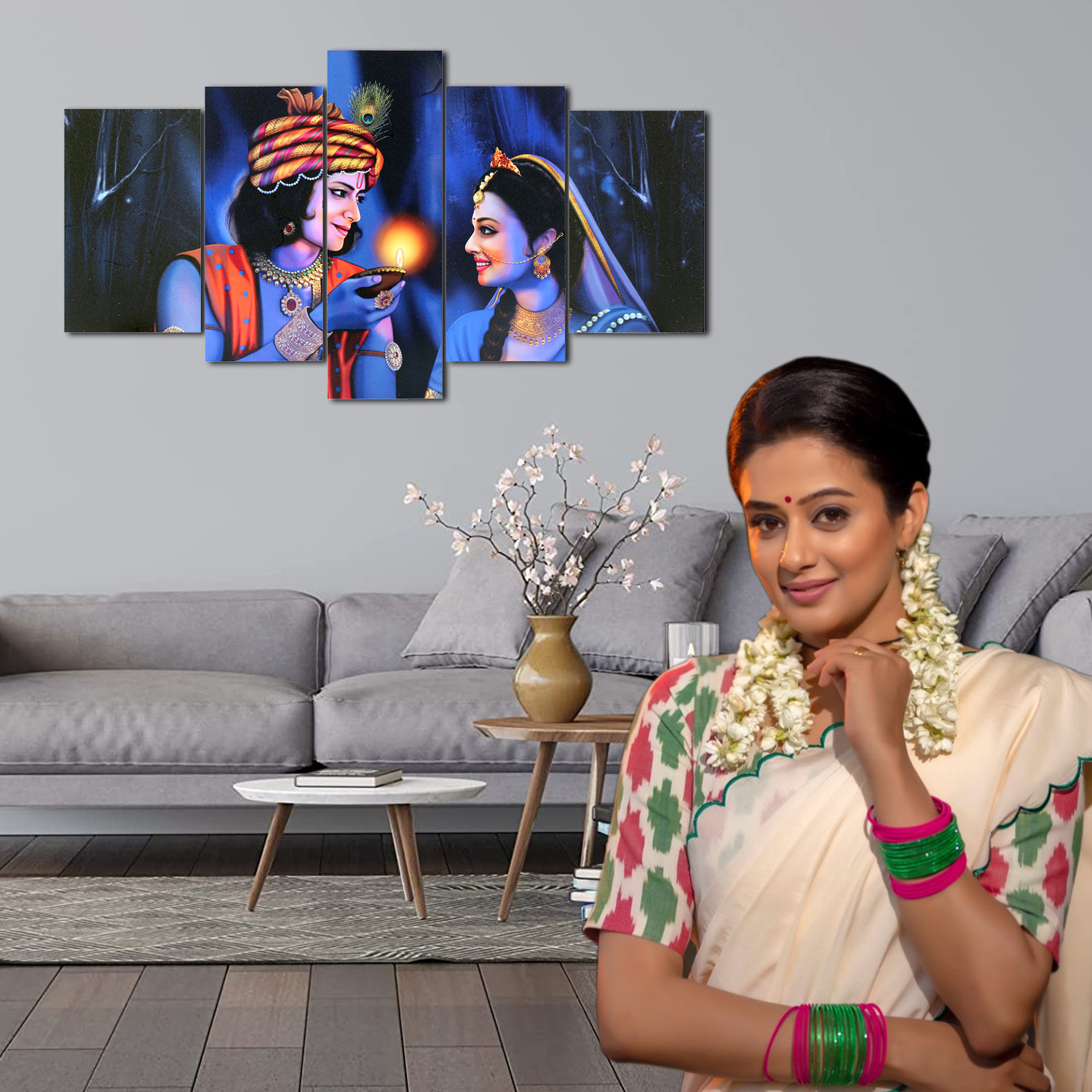 Kuber Industries Wall Paintings | MDF Wooden Wall Art for Living Room |Wall Sculpture | Radha-Krishna Painting for Bedroom | Office | Hotels | Gift | 1730KIK1| Blue