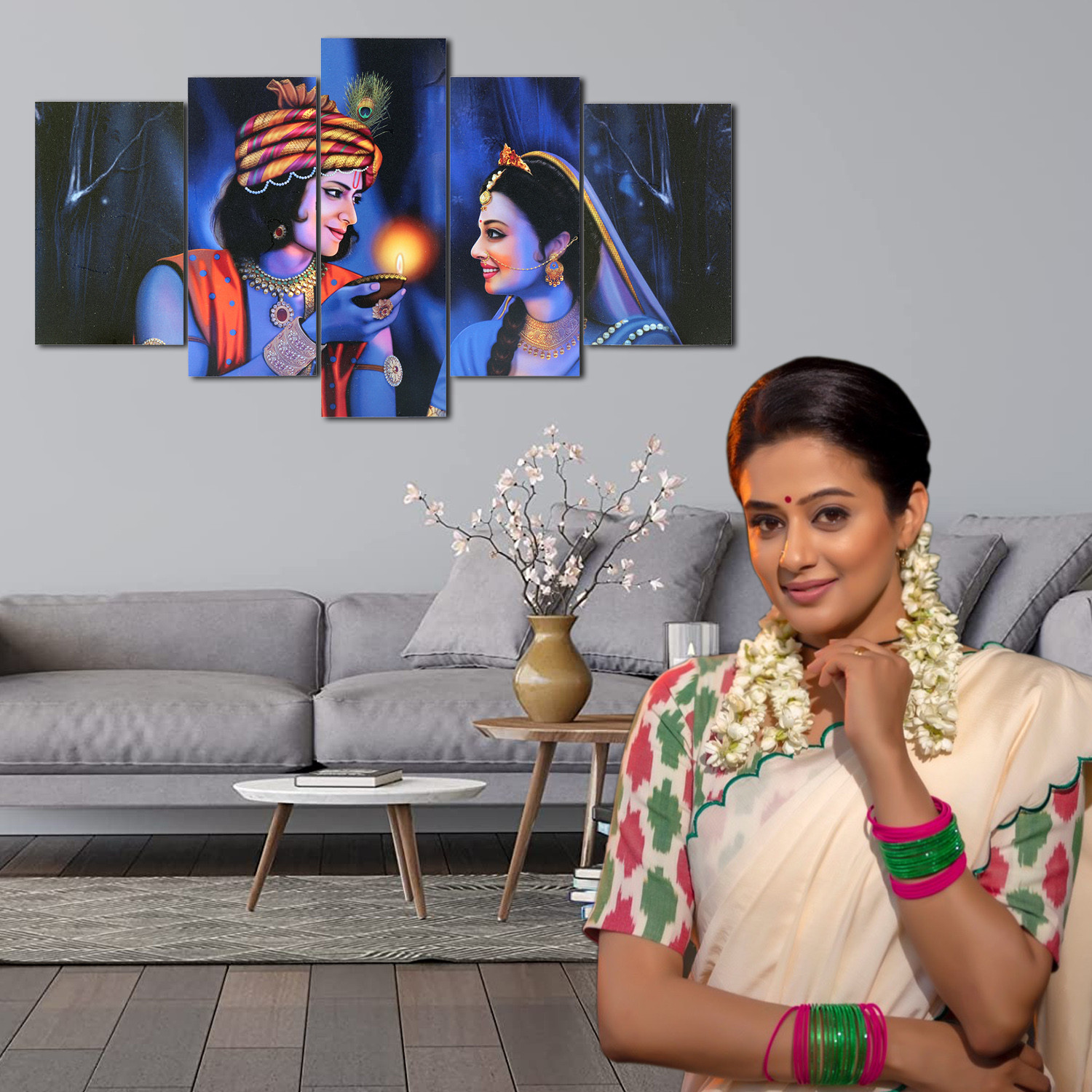 Kuber Industries Wall Paintings | MDF Wooden Wall Art for Living Room |Wall Sculpture | Radha-Krishna Painting for Bedroom | Office | Hotels | Gift | 2450KIK1 |5 Piece Set| Blue