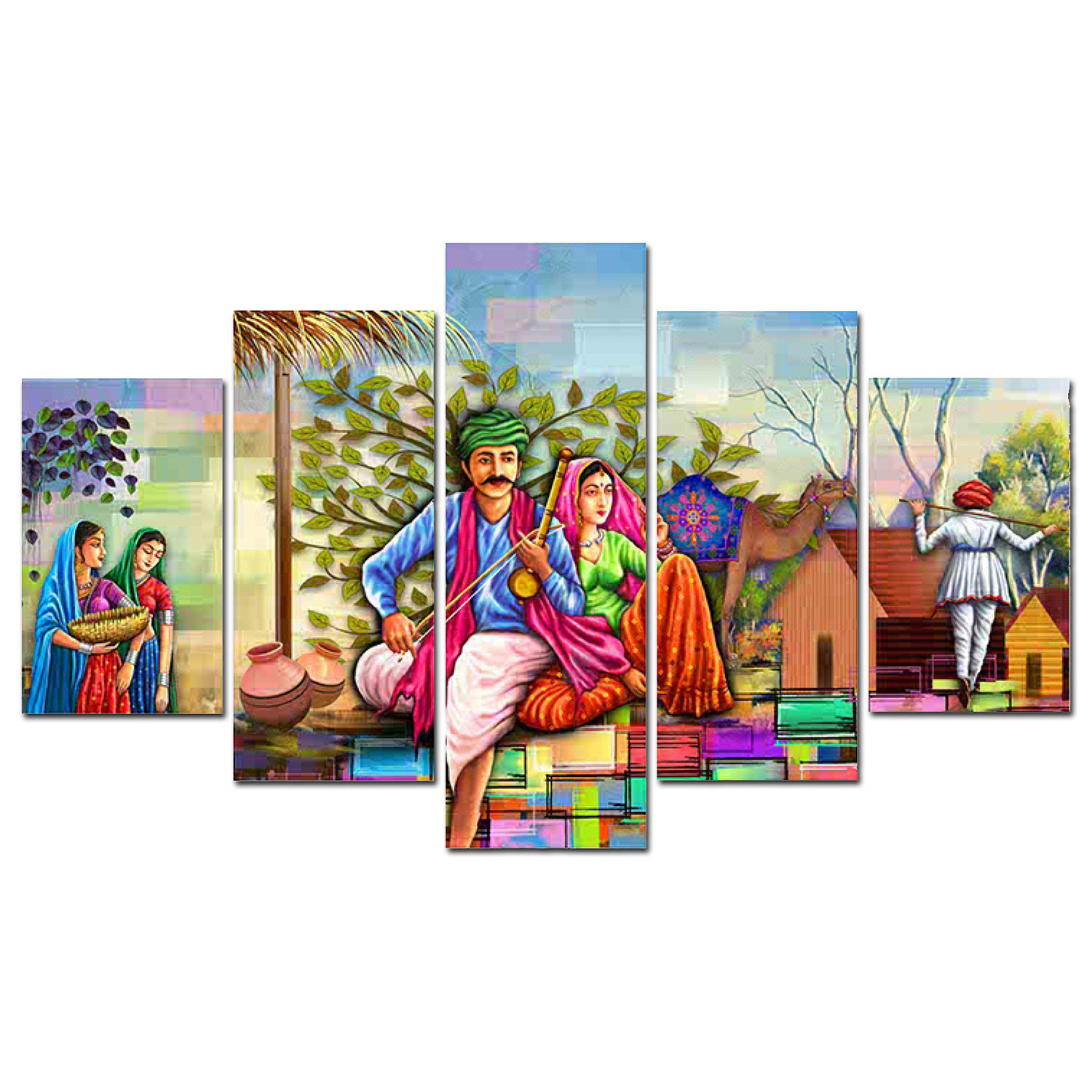 Kuber Industries Wall Paintings | MDF Wooden Wall Art for Living Room |Wall Sculpture | Rajasthani Painting for Bedroom | Office | Hotels | Gift | 1730KITL3 |5 Piece Set| Multicolor