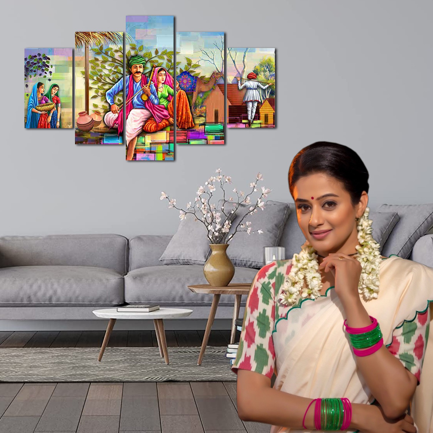 Kuber Industries Wall Paintings | MDF Wooden Wall Art for Living Room |Wall Sculpture | Rajasthani Painting for Bedroom | Office | Hotels | Gift | 1730KITL3 |5 Piece Set| Multicolor
