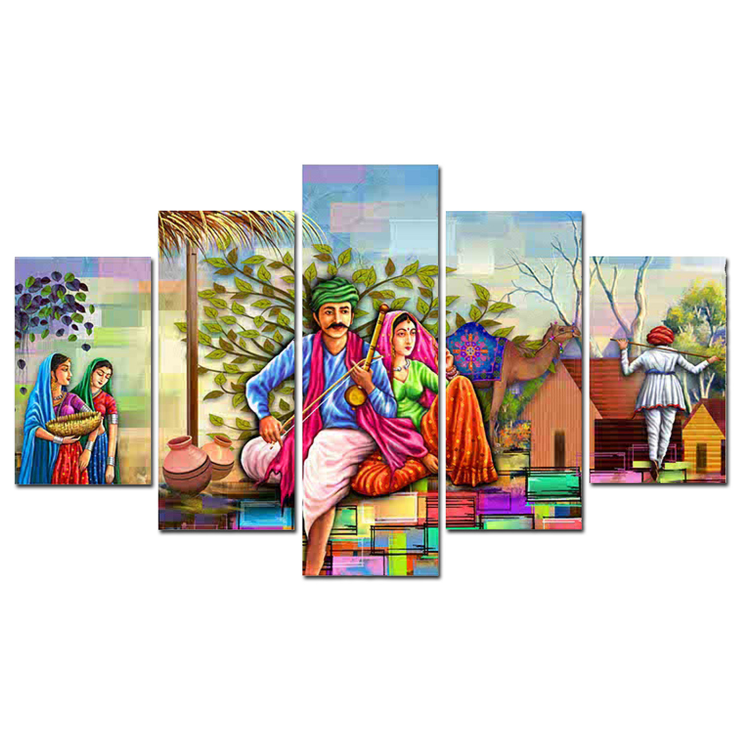 Kuber Industries Wall Paintings | MDF Wooden Wall Art for Living Room |Wall Sculpture | Rajasthani Painting for Bedroom | Office | Hotels | Gift | 2450KITL3 |5 Piece Set| Multicolor