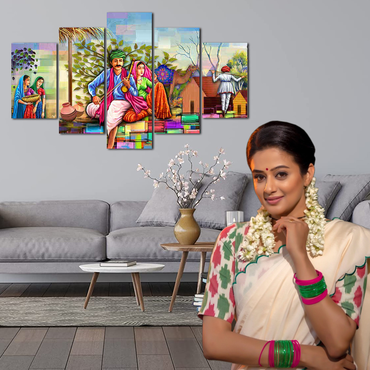 Kuber Industries Wall Paintings | MDF Wooden Wall Art for Living Room |Wall Sculpture | Rajasthani Painting for Bedroom | Office | Hotels | Gift | 2450KITL3 |5 Piece Set| Multicolor