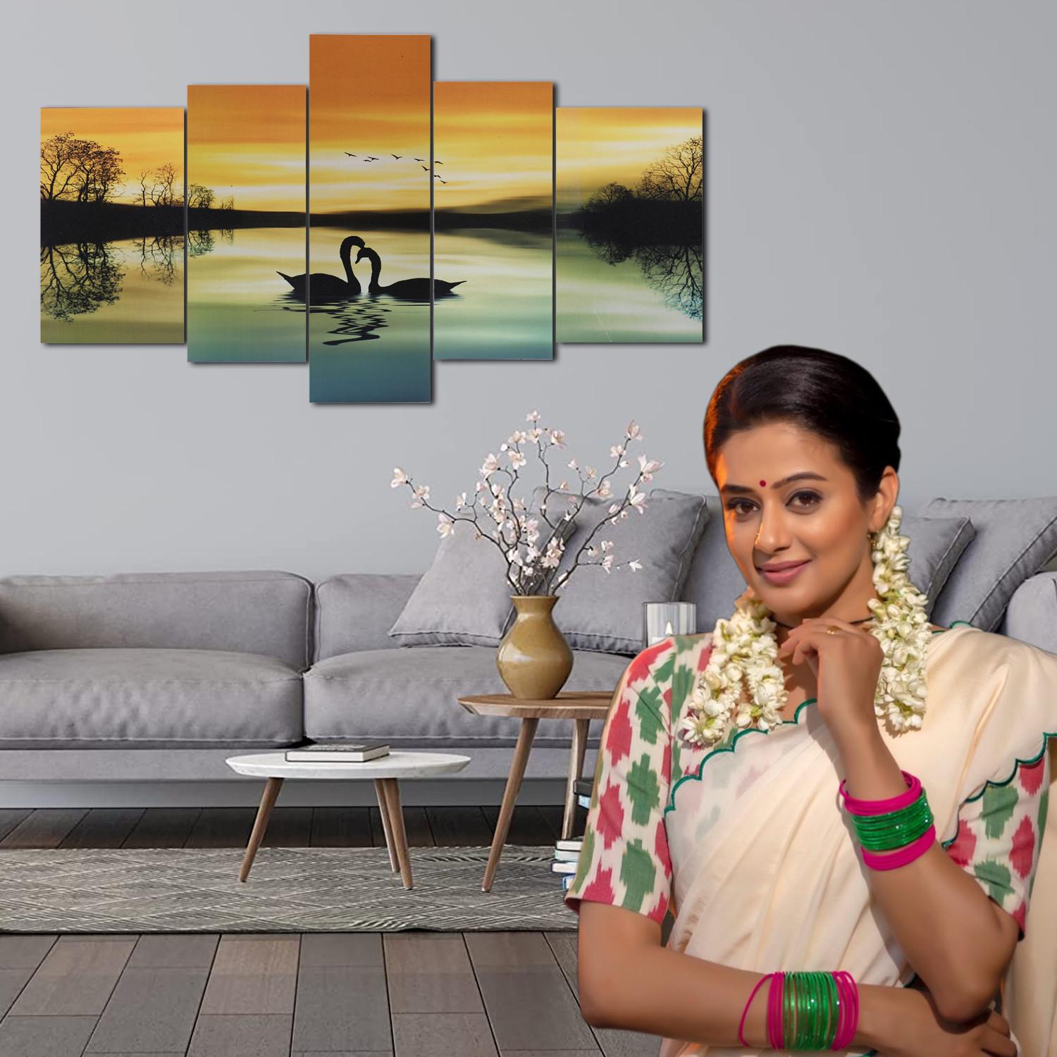 Kuber Industries Wall Paintings | MDF Wooden Wall Art for Living Room |Wall Sculpture | Swan Painting for Bedroom | Office | Hotels | Gift | 2450KIDR2 |5 Piece Set| Multicolor