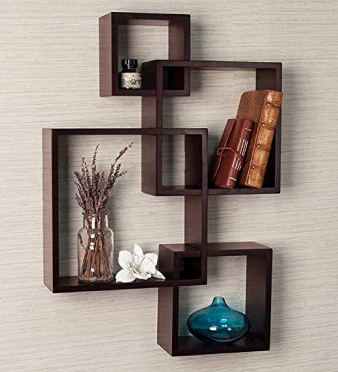 Kuber Industries Wall Shelves|Handicraft Wooden Intersecting Wall Rack|Floating Shelves Wall DÃ©cor for Living Room,Office,Set of 4,(Brown)