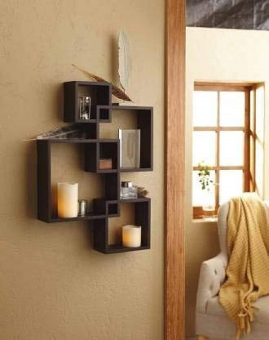 Kuber Industries Wall Shelves|Handicraft Wooden Intersecting Wall Rack|Floating Shelves Wall DÃ©cor for Living Room,Office,Set of 4,(Brown)