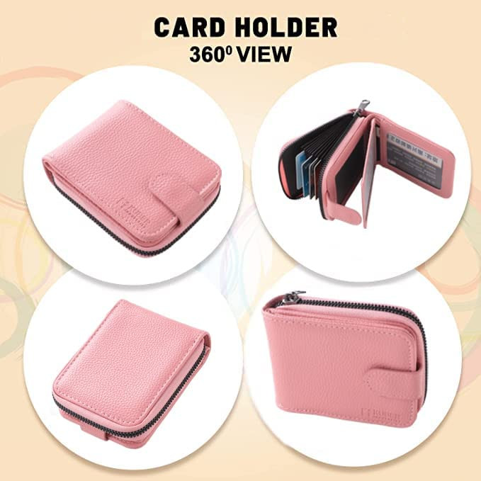 Kuber Industries Wallet for Women/Men | Card Holder for Men & Women | Leather Wallet for ID, Visiting Card, Business Card, ATM Card Holder | Slim Wallet | Zipper Closure, Pink