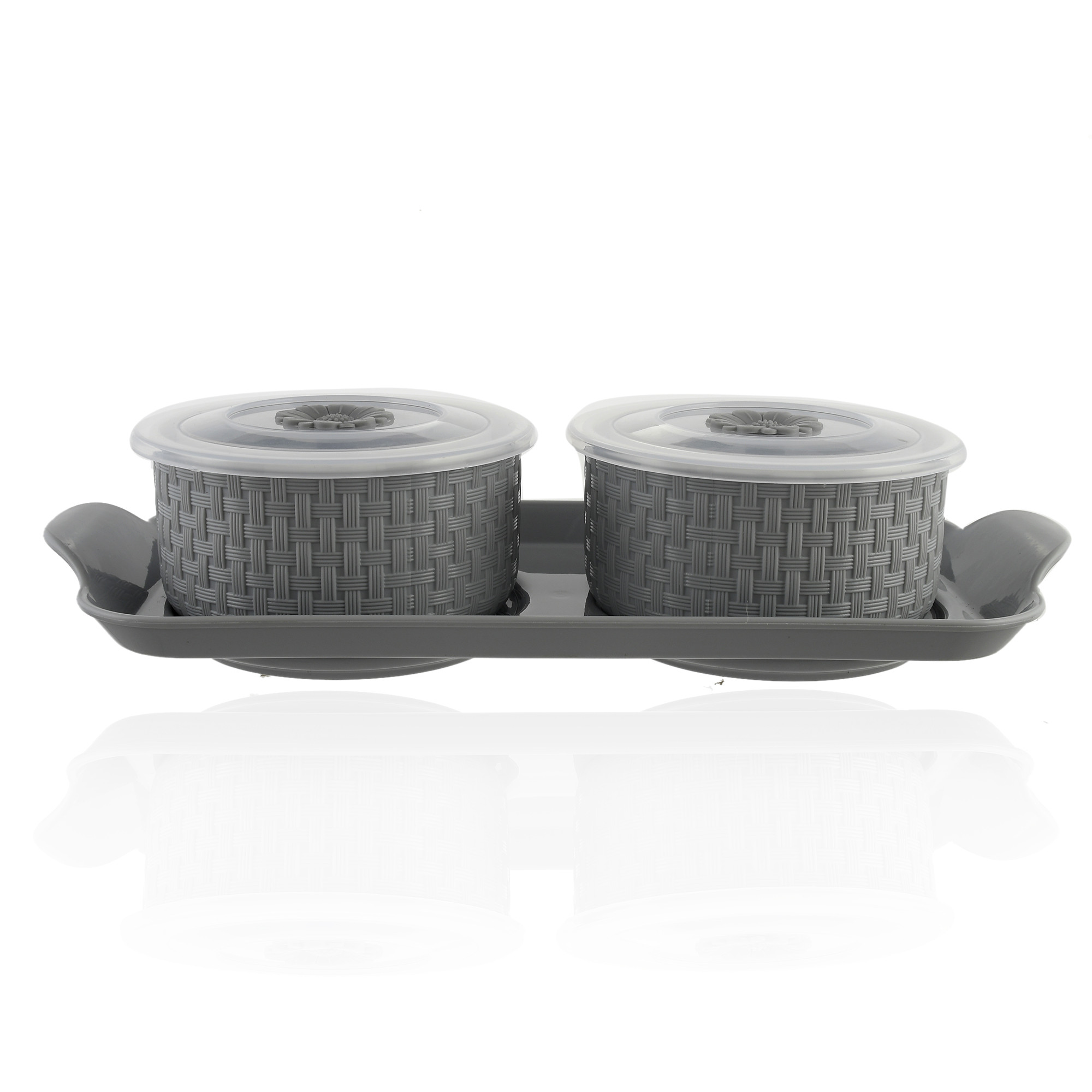 Kuber Industries Walnut Checkered Design Plastic Solitaire Serving Tray with 2 Multipurpose Snacks/Dry Fruit Air Tight Bowls with Lids (Set Of 3,Grey)