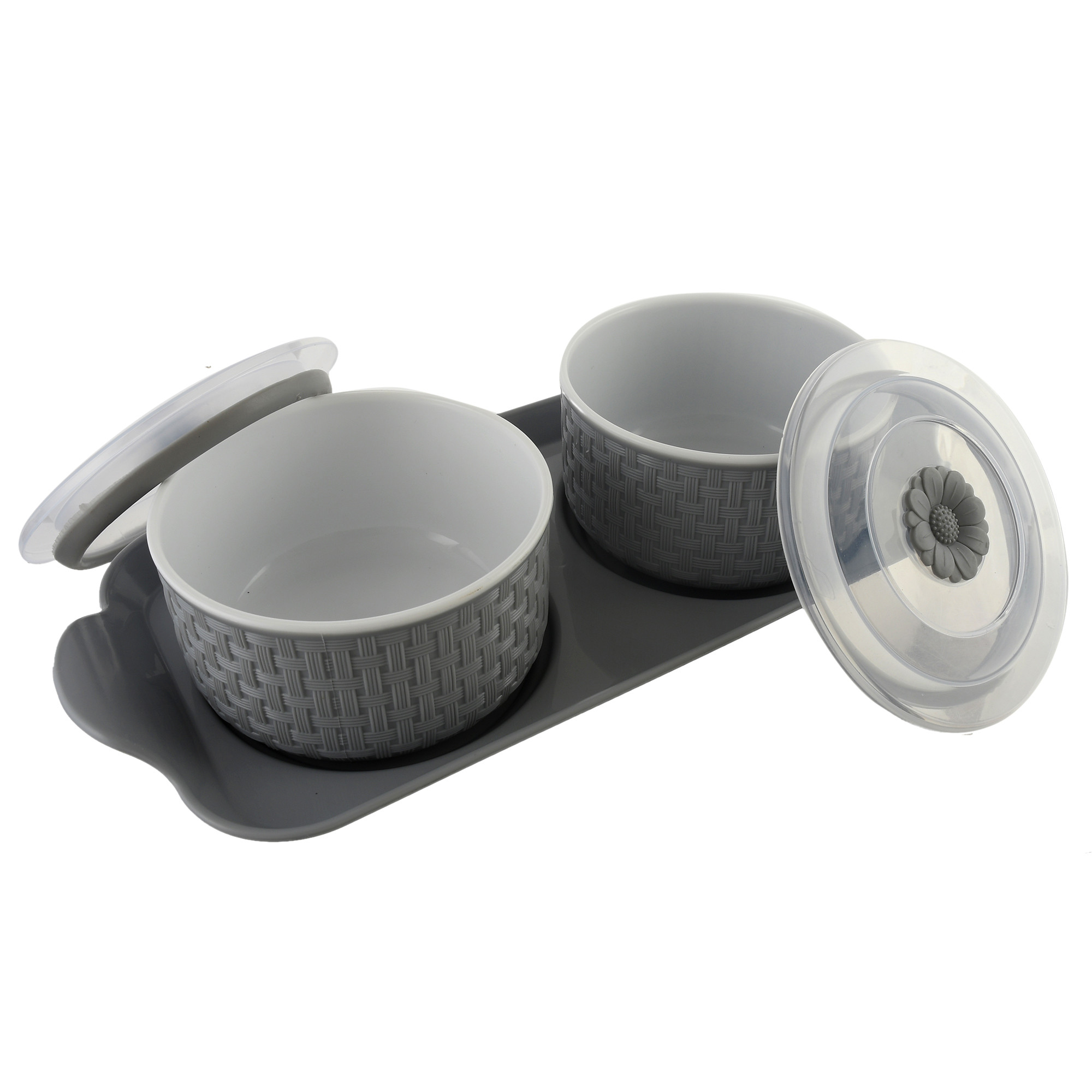 Kuber Industries Walnut Checkered Design Plastic Solitaire Serving Tray with 2 Multipurpose Snacks/Dry Fruit Air Tight Bowls with Lids (Set Of 3,Grey)