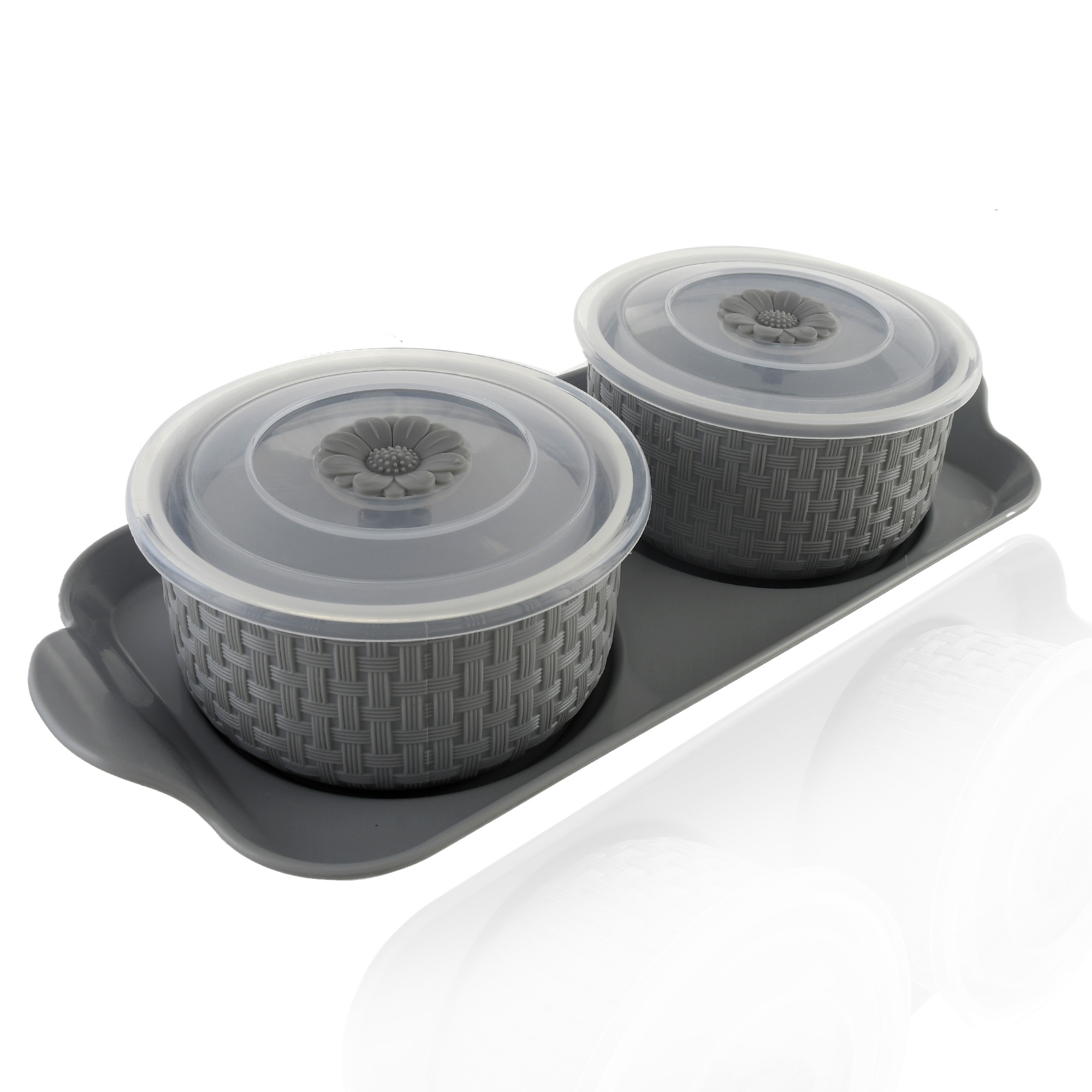 Kuber Industries Walnut Checkered Design Plastic Solitaire Serving Tray with 2 Multipurpose Snacks/Dry Fruit Air Tight Bowls with Lids (Set Of 3,Grey)