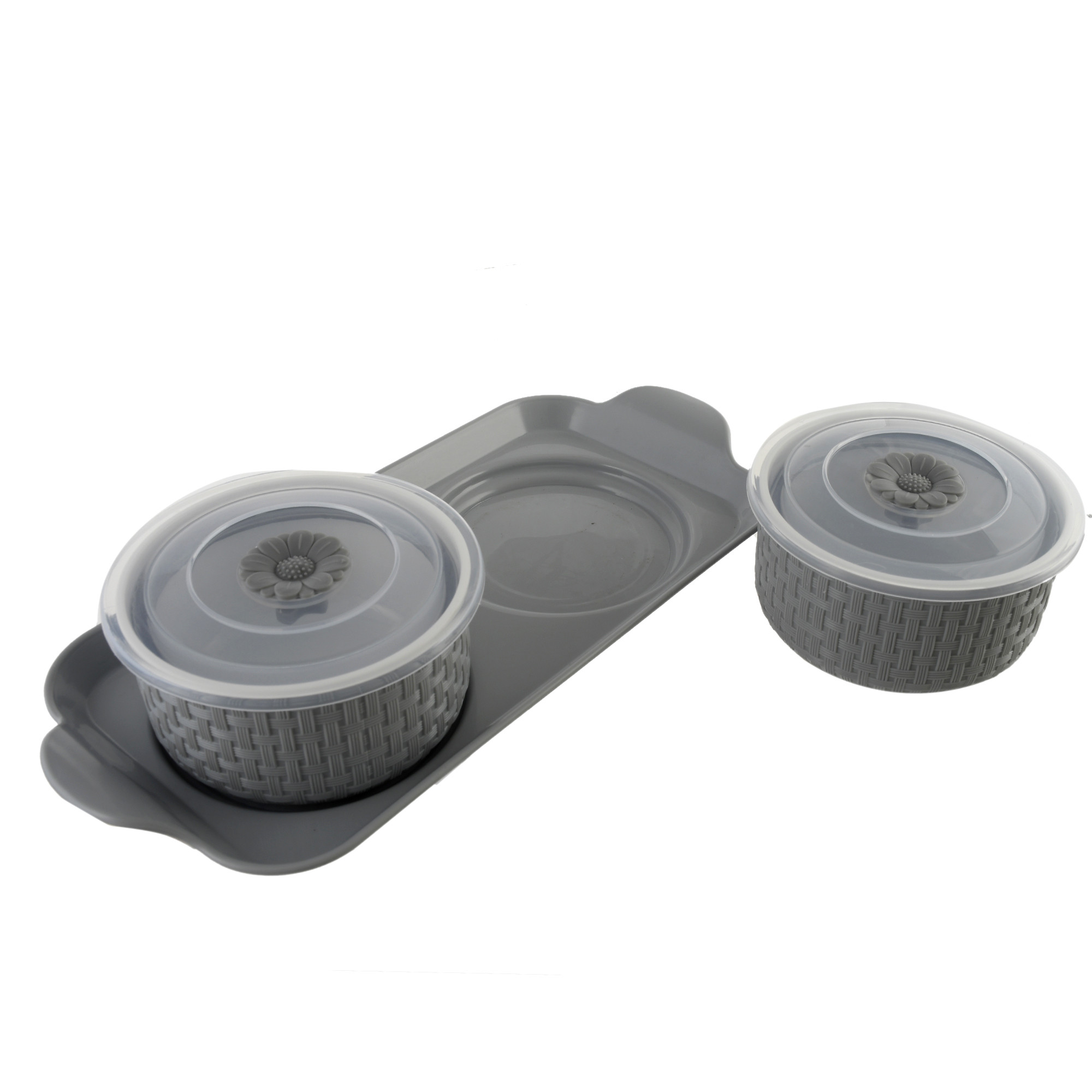 Kuber Industries Walnut Checkered Design Plastic Solitaire Serving Tray with 2 Multipurpose Snacks/Dry Fruit Air Tight Bowls with Lids (Set Of 3,Grey)
