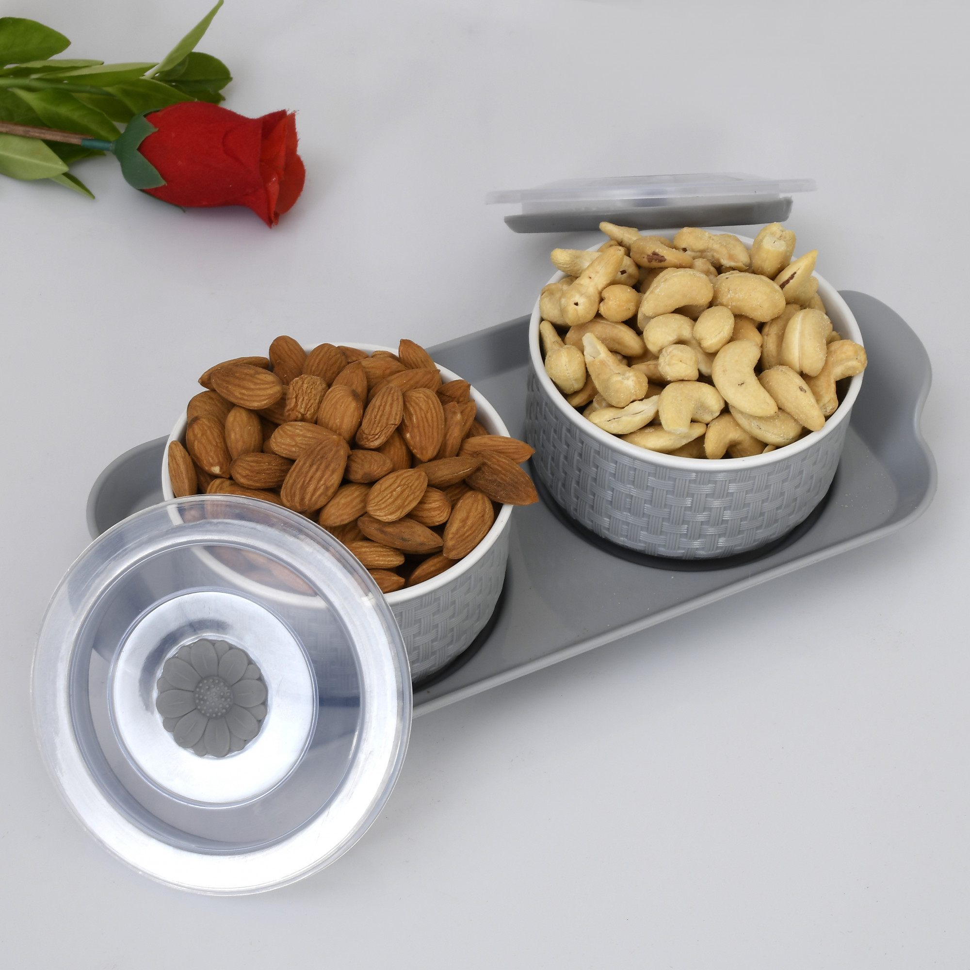 Kuber Industries Walnut Checkered Design Plastic Solitaire Serving Tray with 2 Multipurpose Snacks/Dry Fruit Air Tight Bowls with Lids (Set Of 3,Grey)