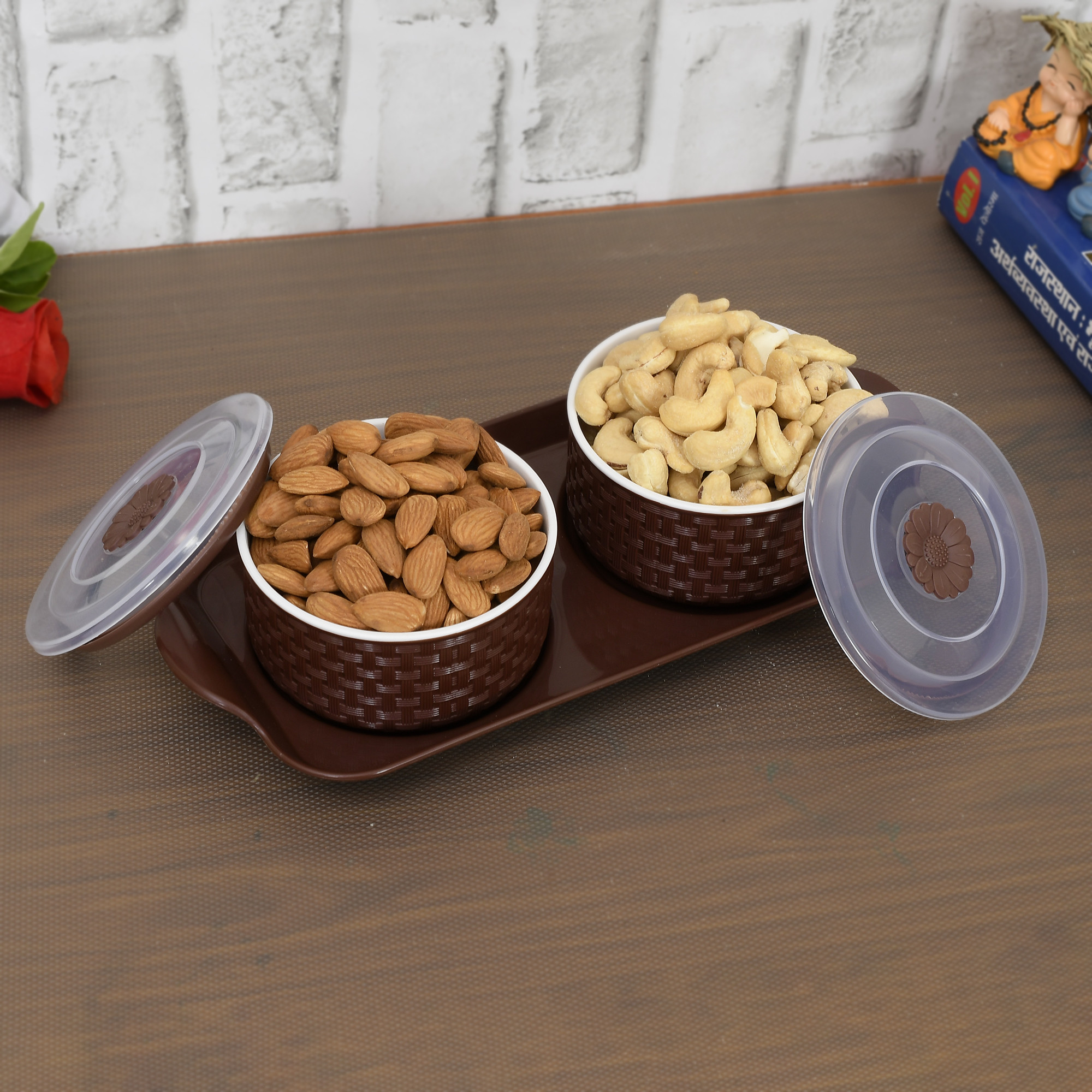 Kuber Industries Walnut Checkered Design Plastic Solitaire Serving Tray with 2 Multipurpose Snacks/Dry Fruit Air Tight Bowls with Lids (Set Of 3,Brown)