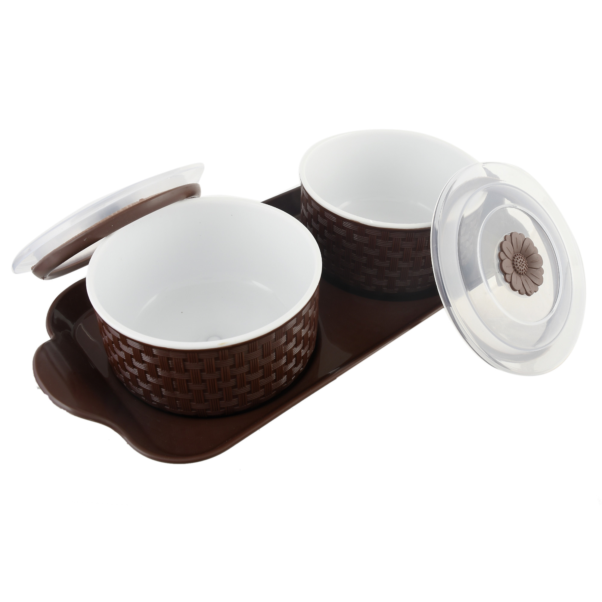 Kuber Industries Walnut Checkered Design Plastic Solitaire Serving Tray with 2 Multipurpose Snacks/Dry Fruit Air Tight Bowls with Lids (Set Of 3,Brown)