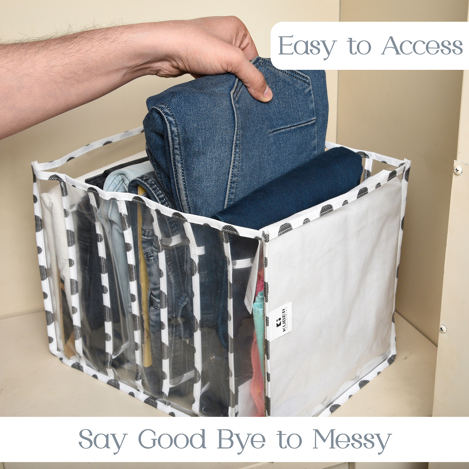 Kuber Industries Wardrobe Cloth Organizer | PVC .40mm Black Polka Dot Drawer Organizer | 7 Grids Foldable | Clear Transparent for T-shirts | Trousers | Socks | White