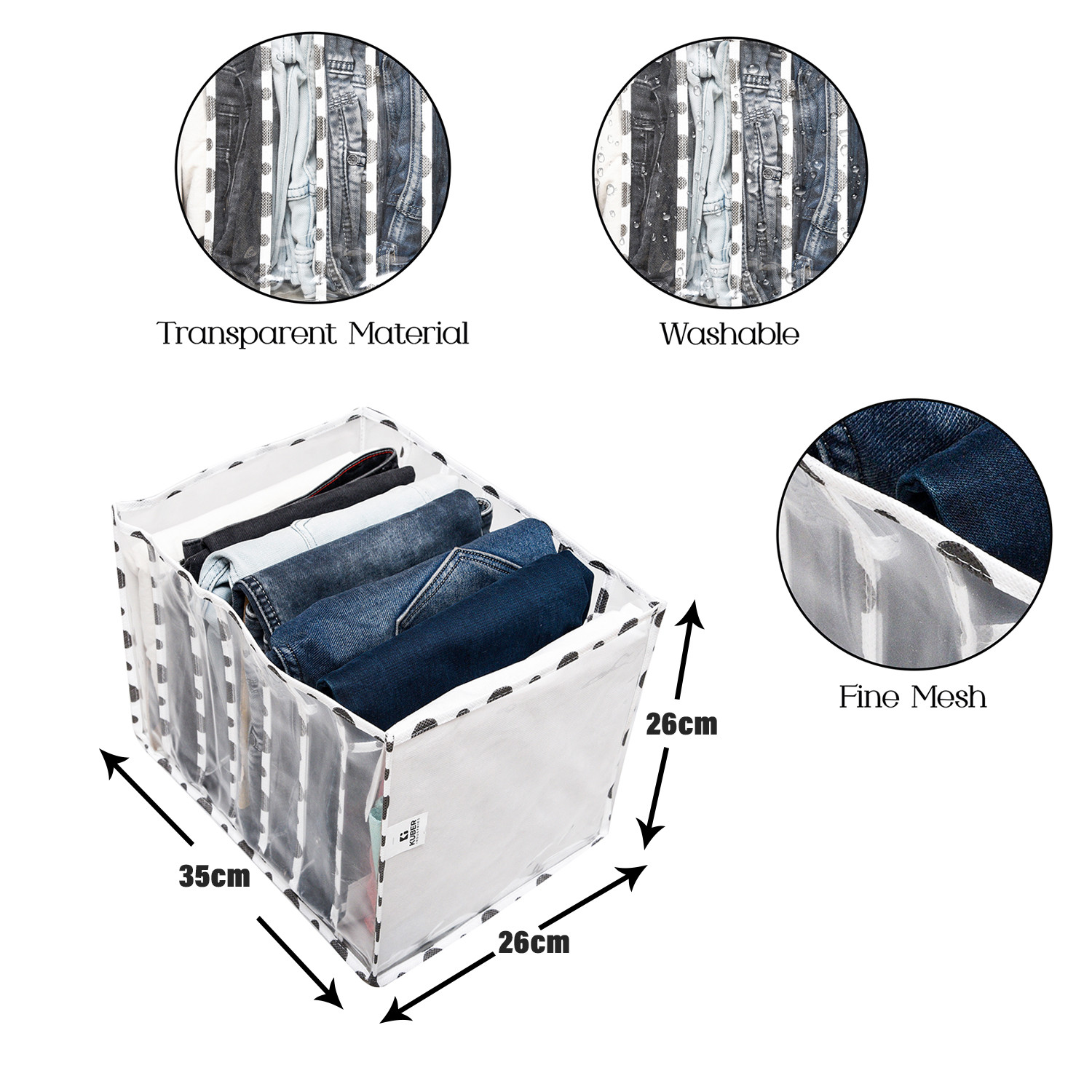 Kuber Industries Wardrobe Cloth Organizer | PVC .40mm Black Polka Dot Drawer Organizer | 7 Grids Foldable | Clear Transparent for T-shirts | Trousers | Socks | White