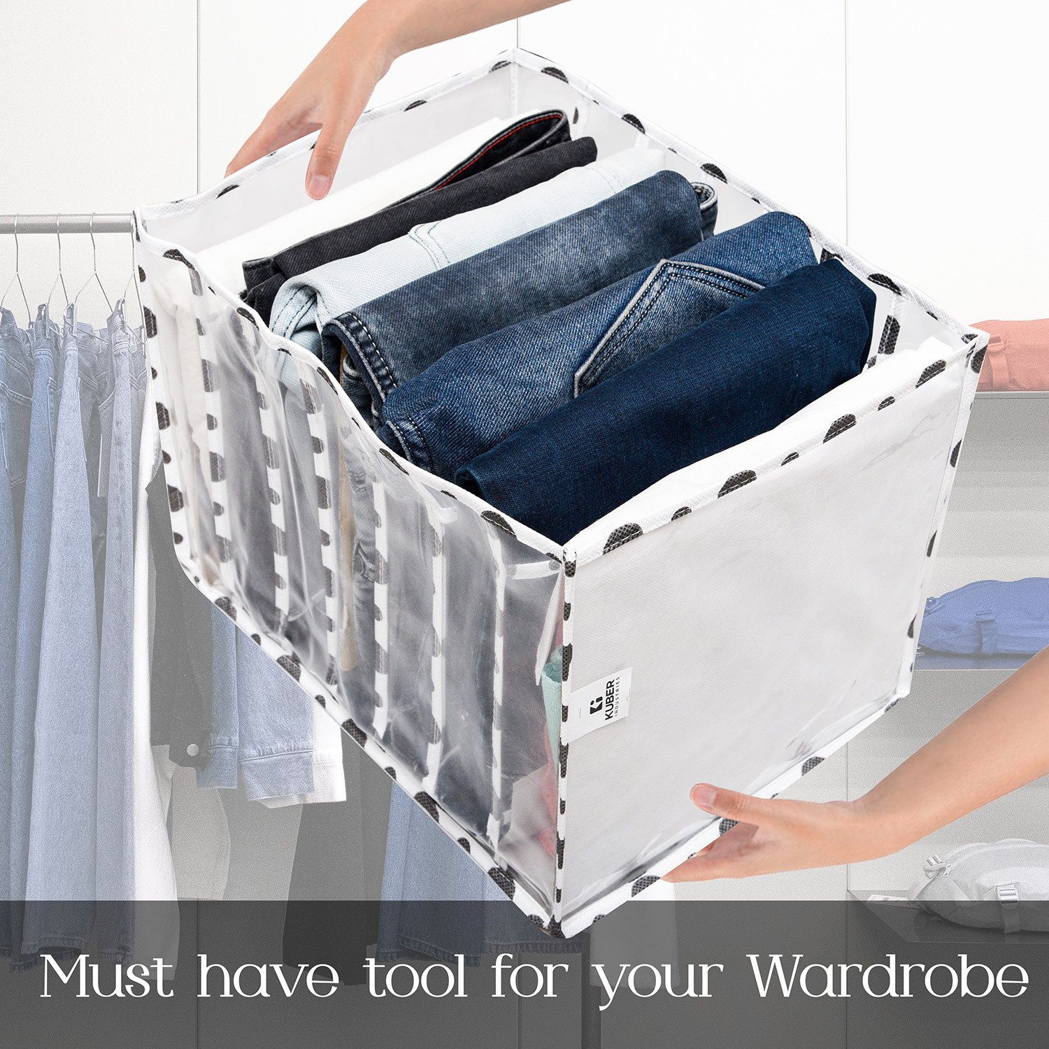 Kuber Industries Wardrobe Cloth Organizer | PVC .40mm Black Polka Dot Drawer Organizer | 7 Grids Foldable | Clear Transparent for T-shirts | Trousers | Socks | White