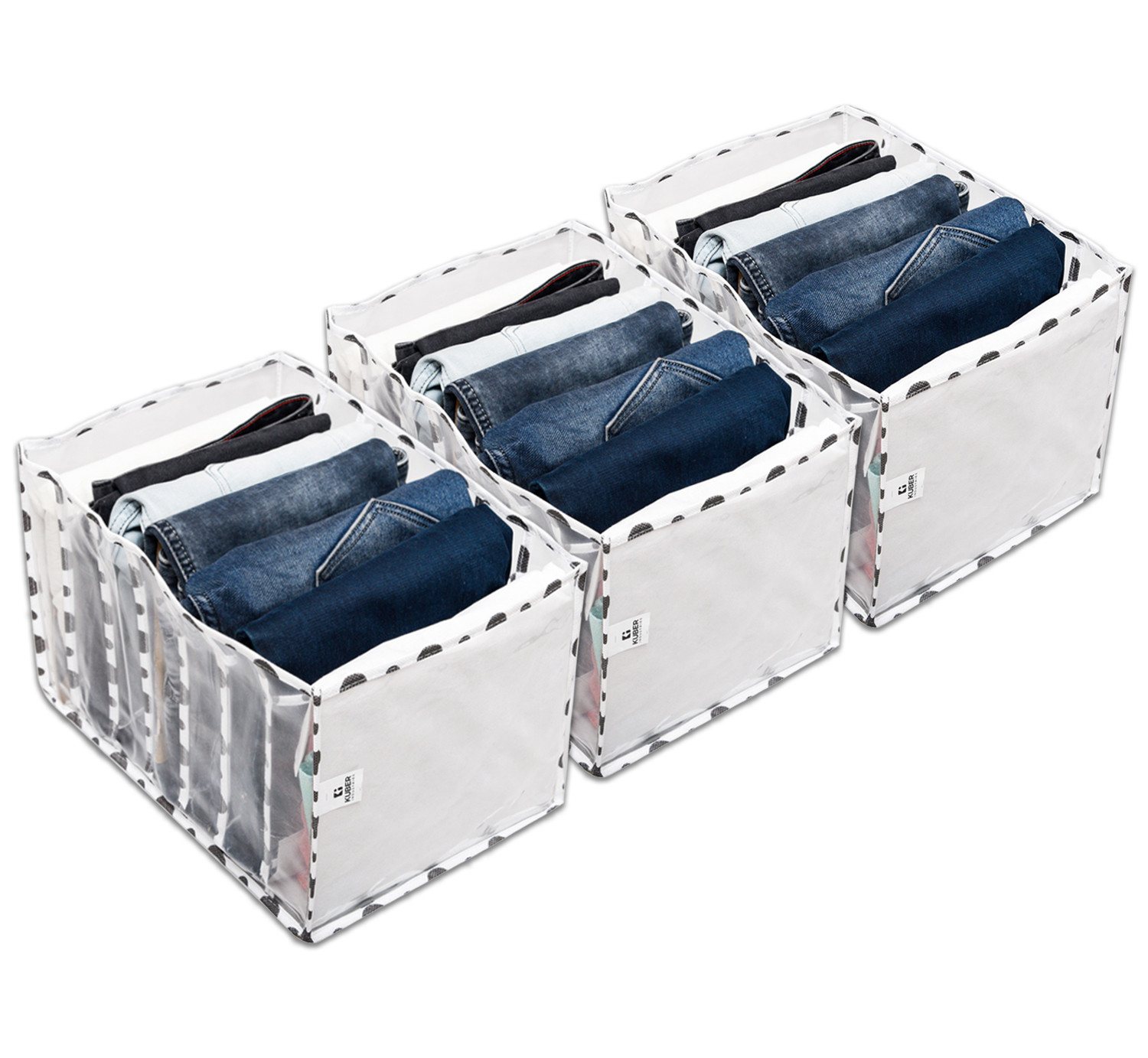 Kuber Industries Wardrobe Cloth Organizer | PVC .40mm Black Polka Dot Drawer Organizer | 7 Grids Foldable | Clear Transparent for T-shirts | Trousers | Socks | White