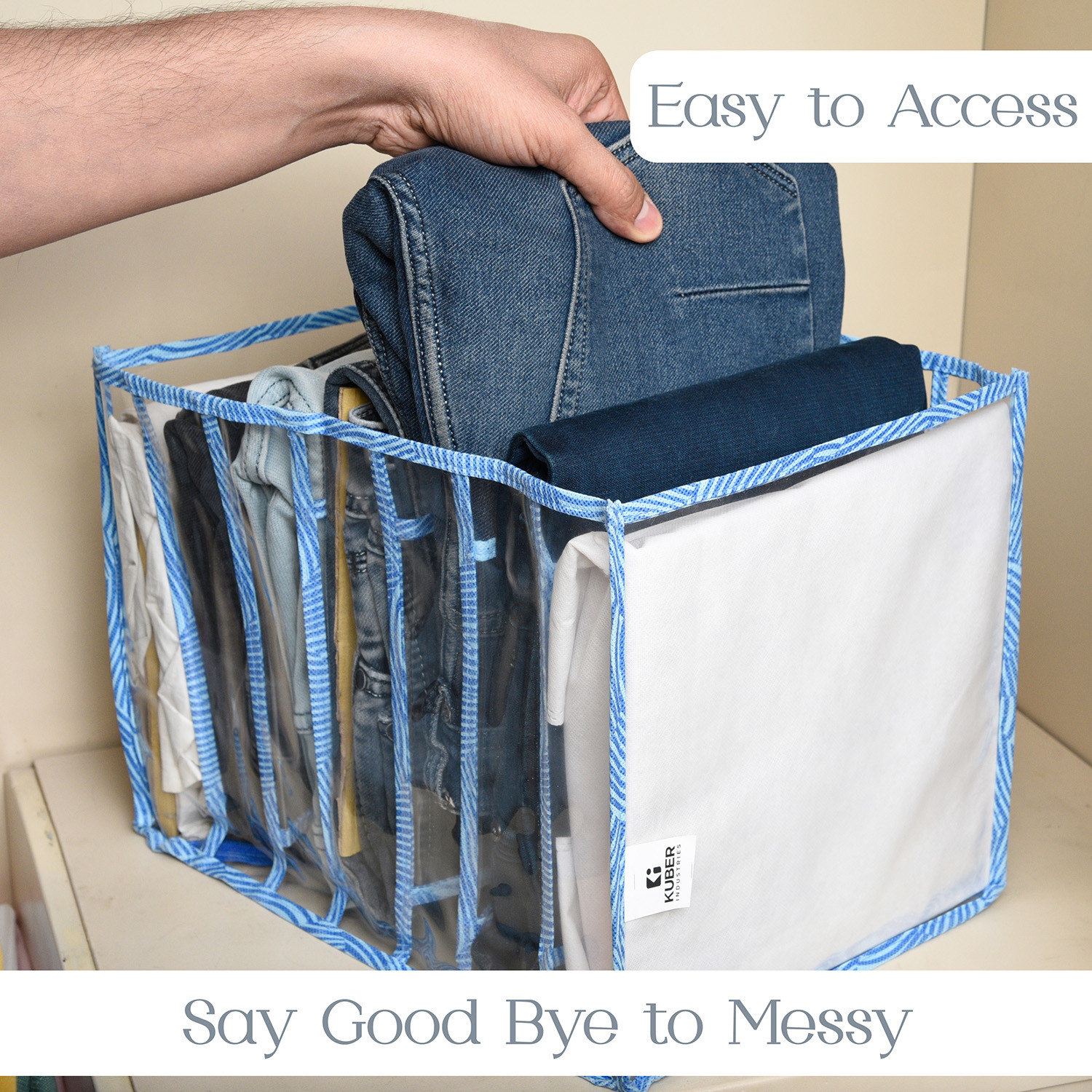 Kuber Industries Wardrobe Cloth Organizer | PVC .40mm Blue Zig Zag Drawer Organizer | 7 Grids Foldable | Clear Transparent for T-shirts | Trousers | Socks | Blue