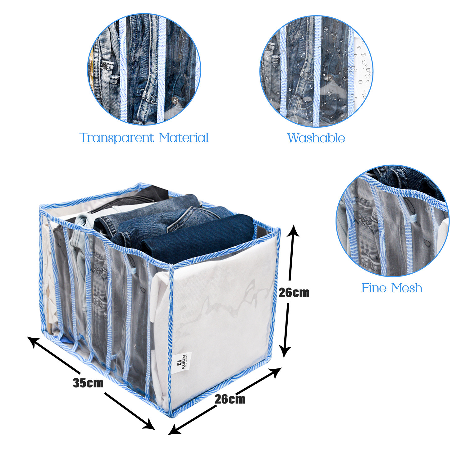 Kuber Industries Wardrobe Cloth Organizer | PVC .40mm Blue Zig Zag Drawer Organizer | 7 Grids Foldable | Clear Transparent for T-shirts | Trousers | Socks | Blue